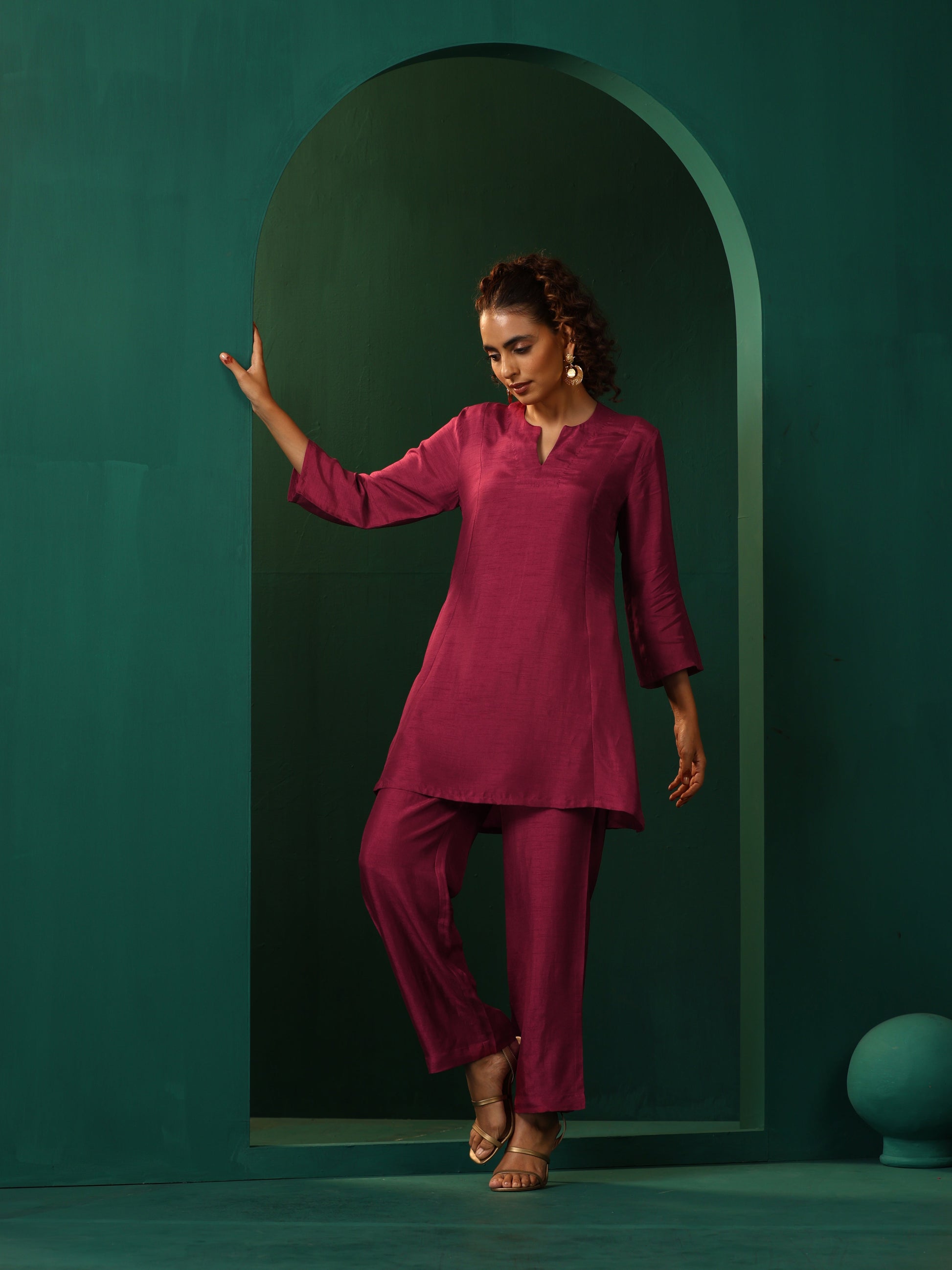 trueBrowns Maroon Silk Relaxed Co-ord Set - Swadesiicart