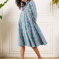 InWeave Aqua Blue Floral Grey Jaal Collar Flared Dress - Swadesiicart