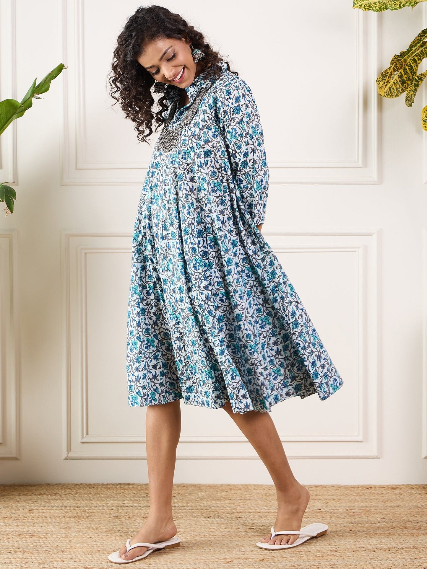 InWeave Aqua Blue Floral Grey Jaal Collar Flared Dress - Swadesiicart