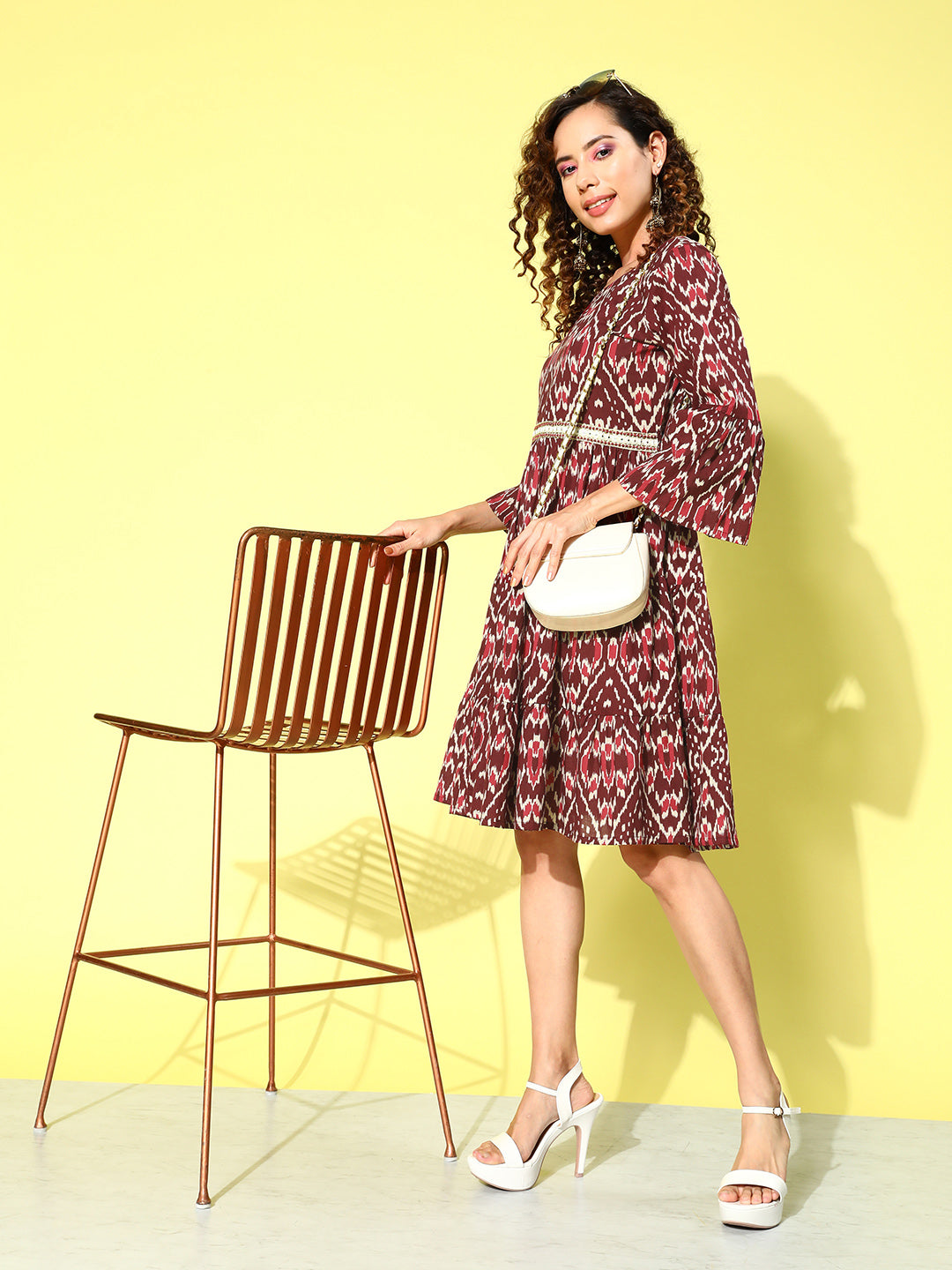 InWeave Women's Wine Pink Ikkat Print Short Dress - Swadesiicart