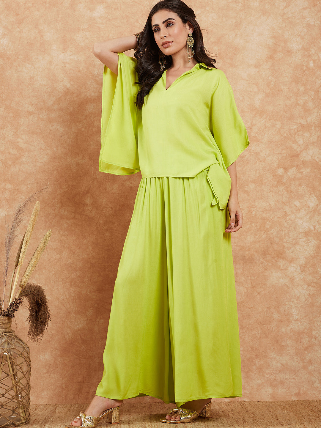 InWeave Women's Lime Green Solid Collar Neck Boho Top Bottom Set - Swadesiicart