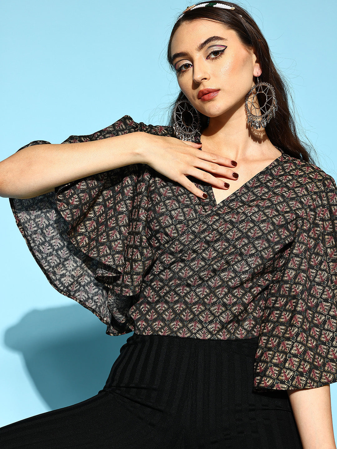 InWeave Women's Black Foil Print Bell Sleeves Top - Swadesiicart