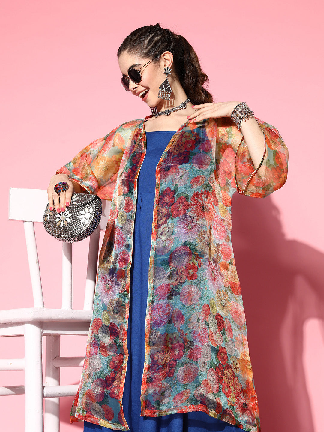 InWeave Ink Blue Strappy Set With Green Floral Long Organza Cape - Swadesiicart