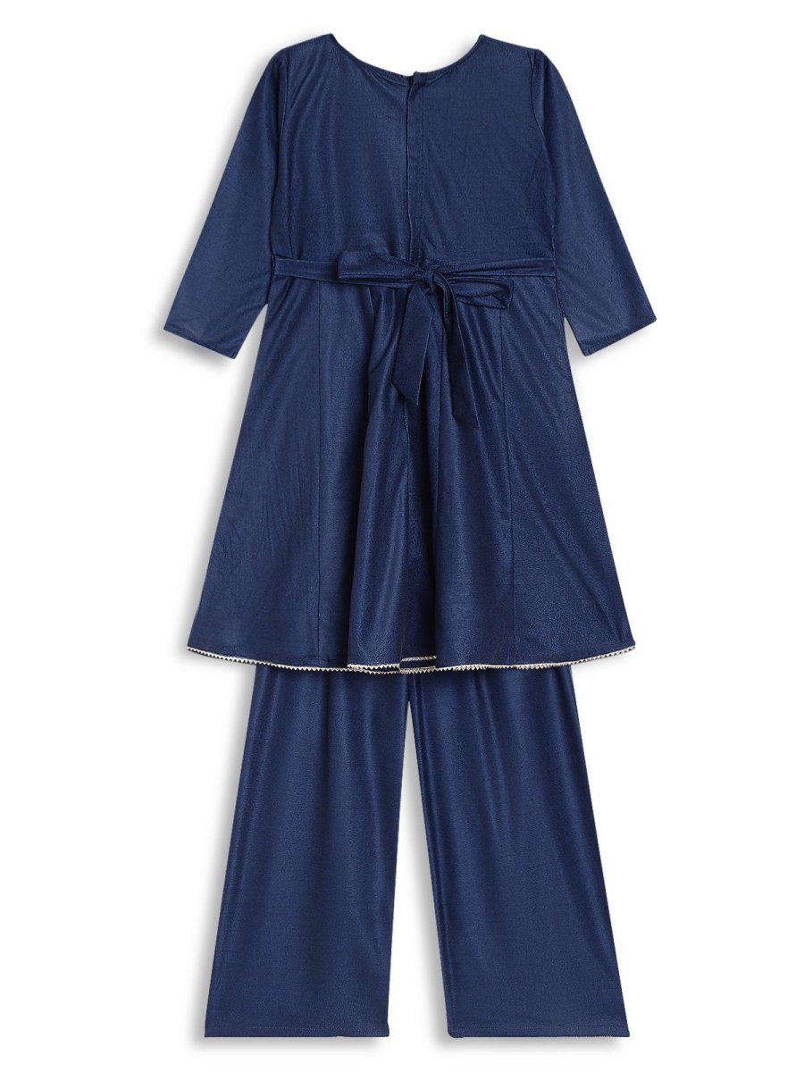 Ahalyaa Girls Navy Blue Velvet Angrakha Gotta Patti Kids Kurta with Palazzos | Swadesiicart