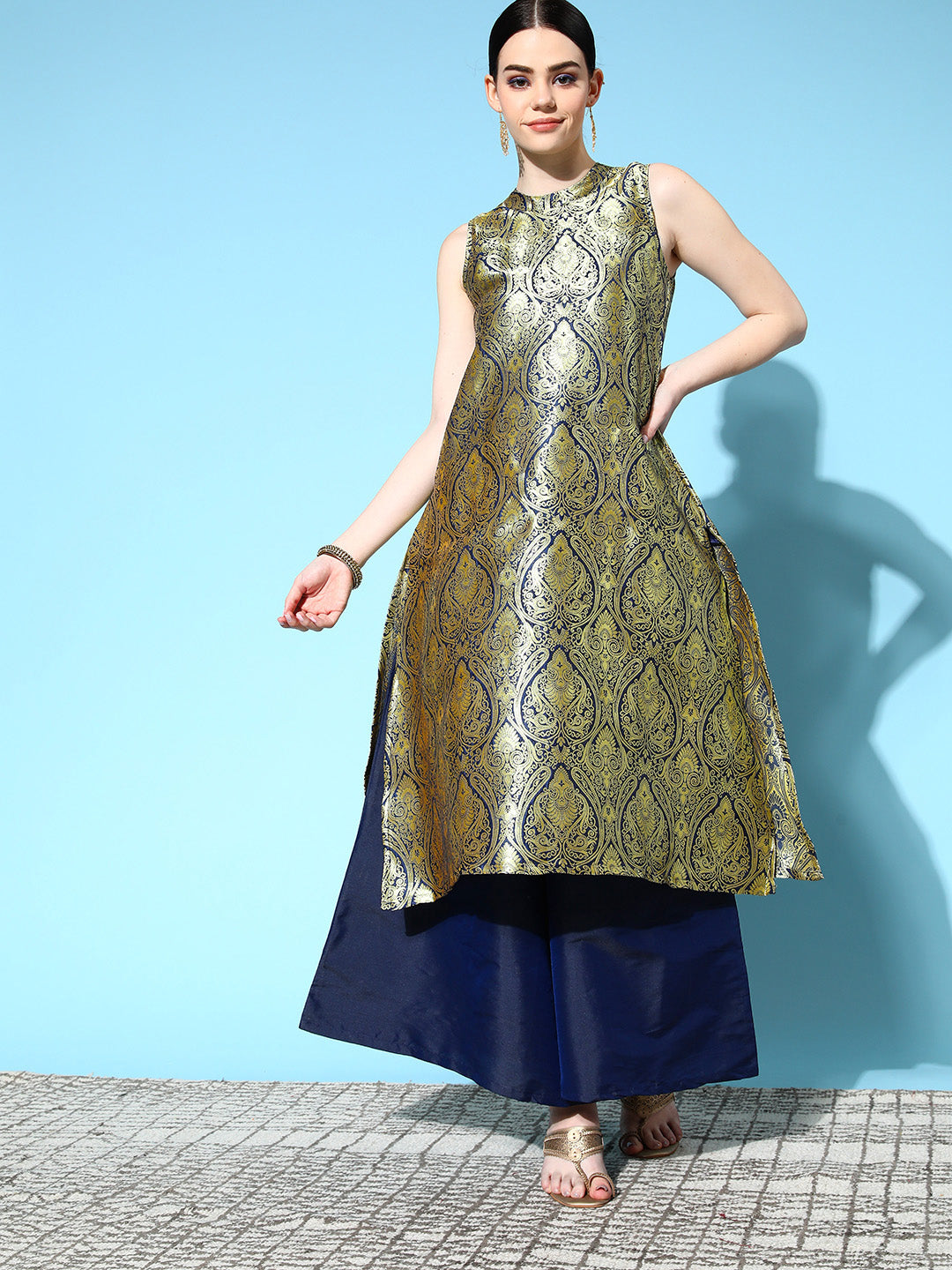 InWeave Women's Blue Banarasi Halter Kurta Set - Swadesiicart