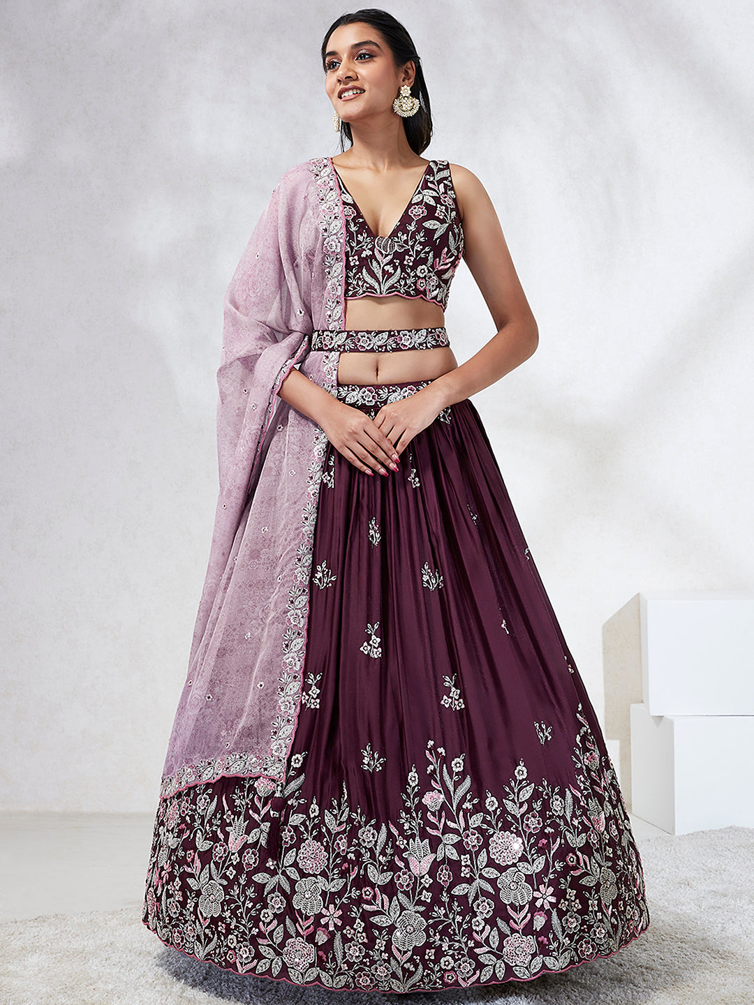 House of Panchhi Burgundy Pure Georgette Sequins And Thread Embroidery Lehenga Choli & Dupatta | Swadesiicart