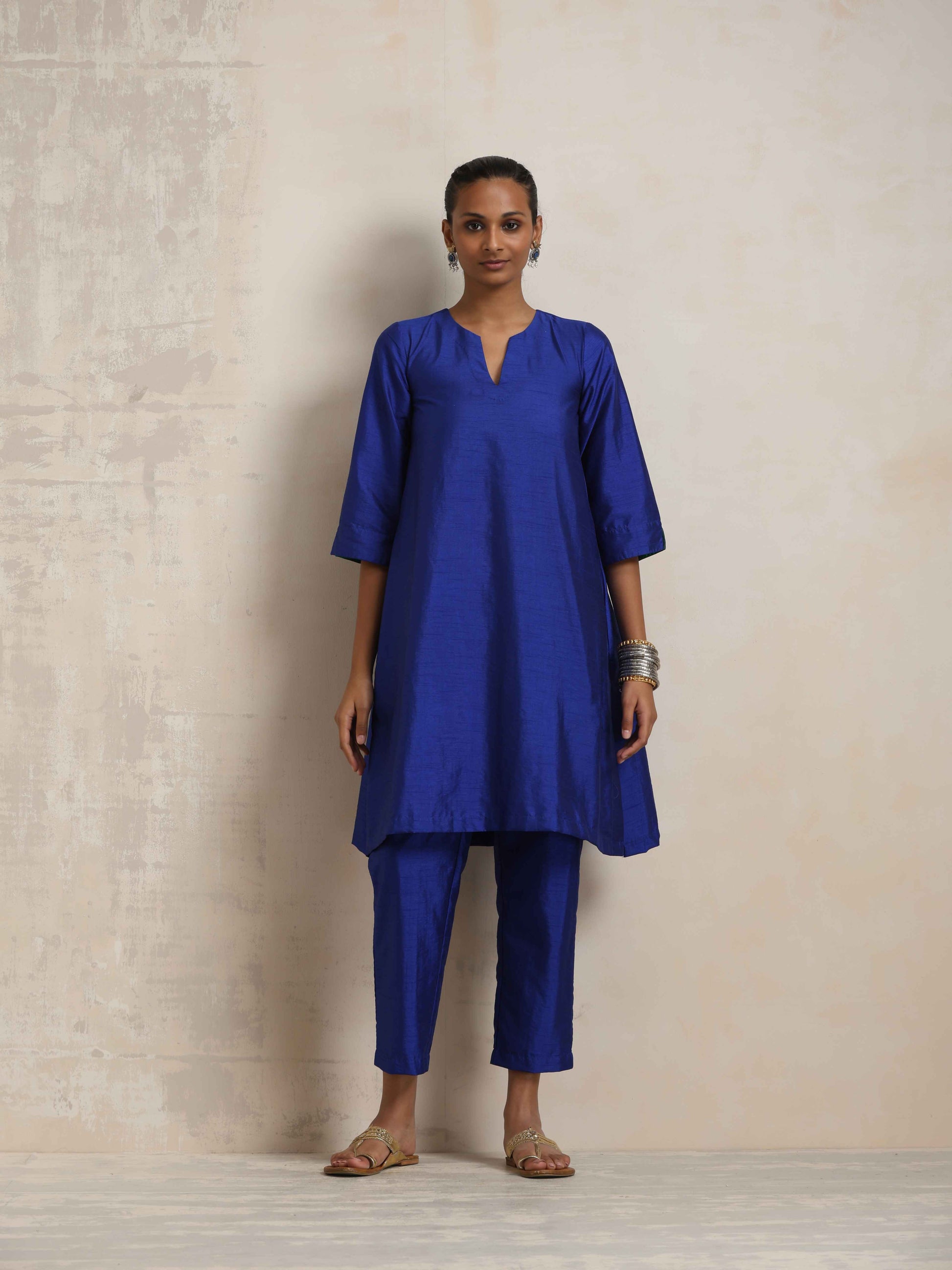 trueBrowns Blue Silk Kurta Co-ord Set - Swadesiicart