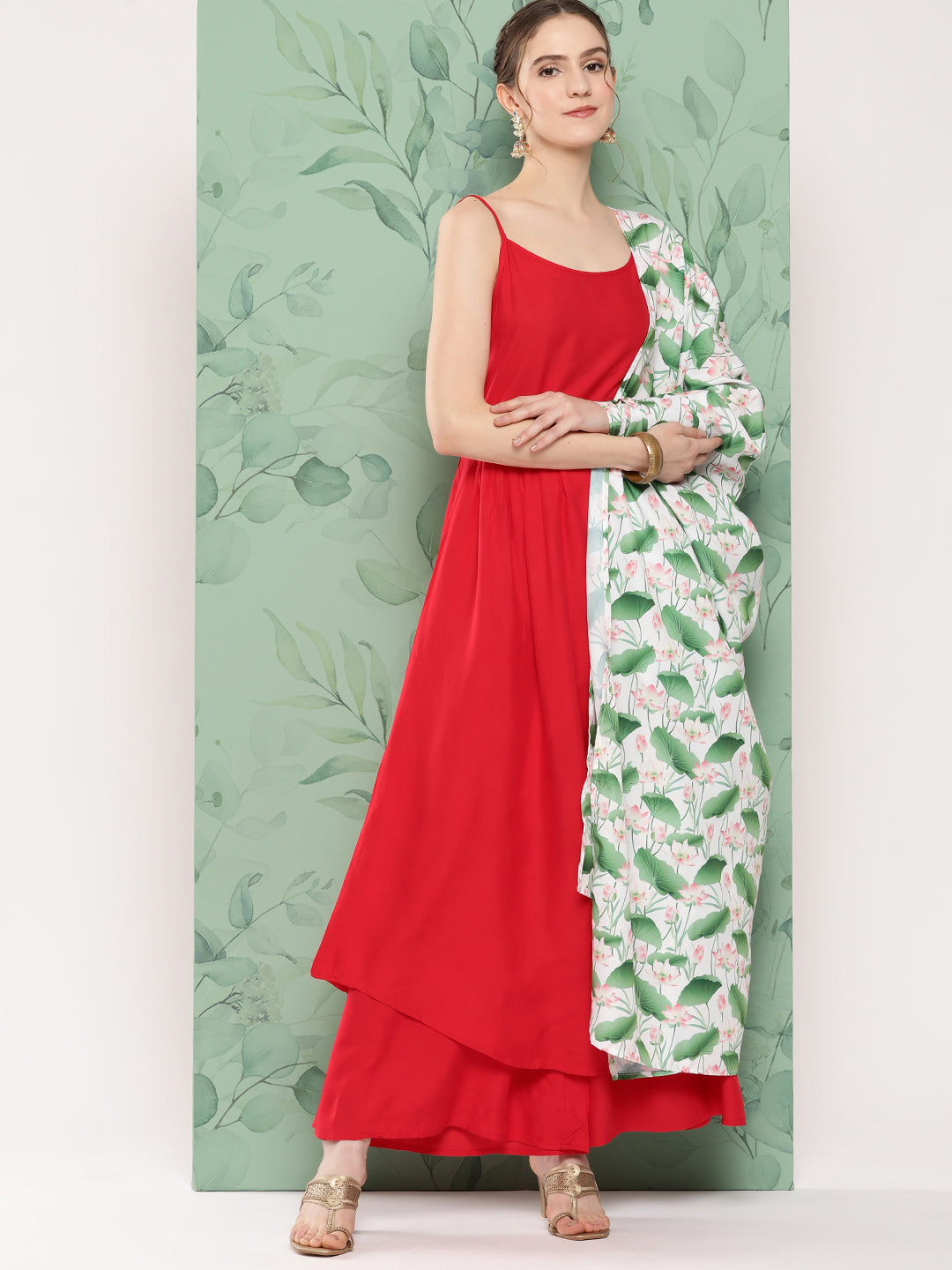 InWeave Women's Red Strappy Set W White Pink Lotus Cr Duptta - Swadesiicart