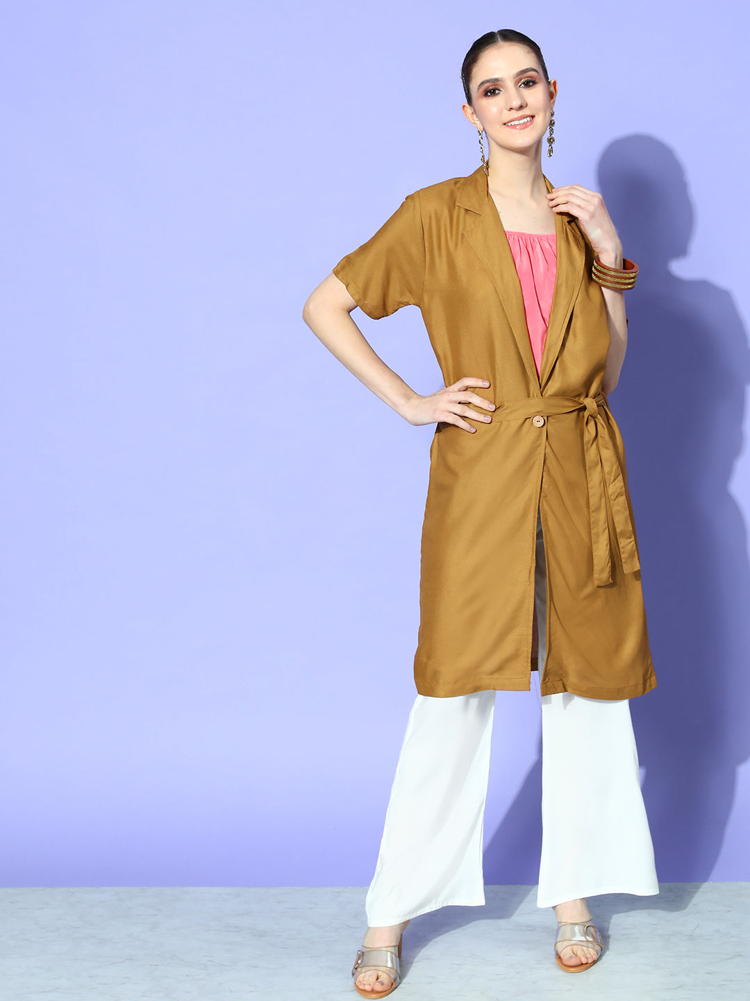 InWeave Women's Camel Brown Cream Pant Coord Set With Peach Crop Top - Swadesiicart
