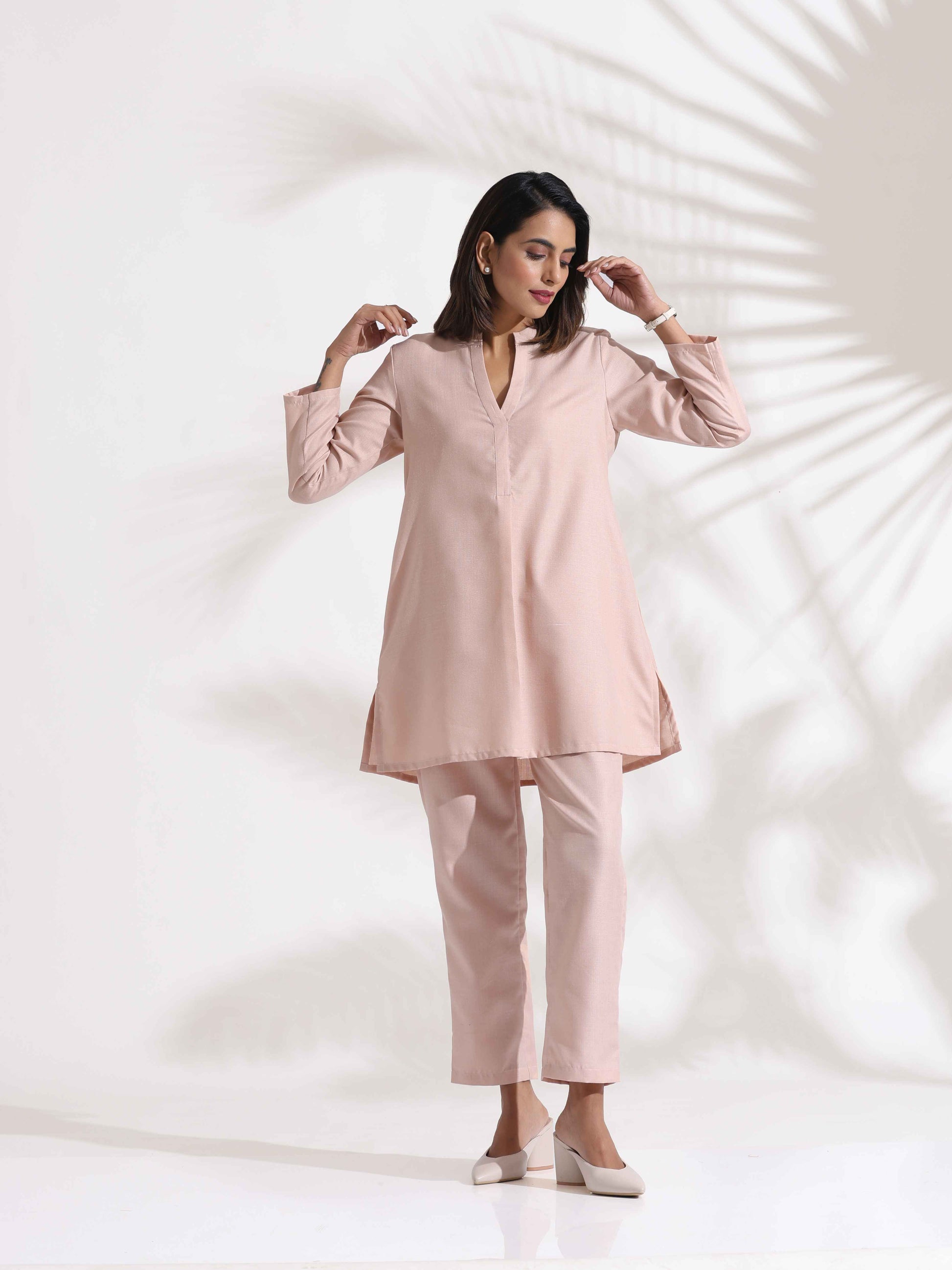 trueBrowns Light Pink Slub Co-ord Set - Swadesiicart