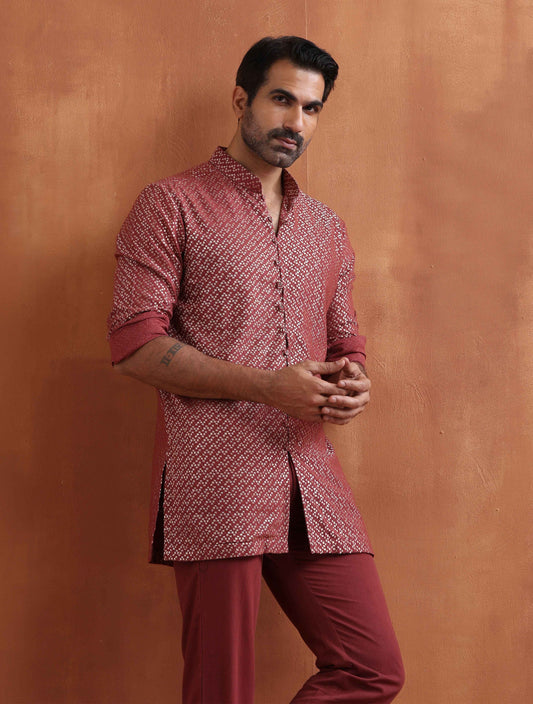 trueBrowns Men's Rust Cotton Dobby Short Kurta | Swadesiicart