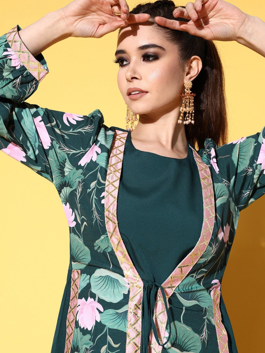 Ahalyaa Green Crepe Puff Sleeves Floral Printed Maxi Ethnic Dress with Waist Tie-Ups | Swadesiicart