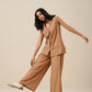 trueBrowns Beige Slub Texture Sleevesless Jacket Pant Set | Swadesiicart