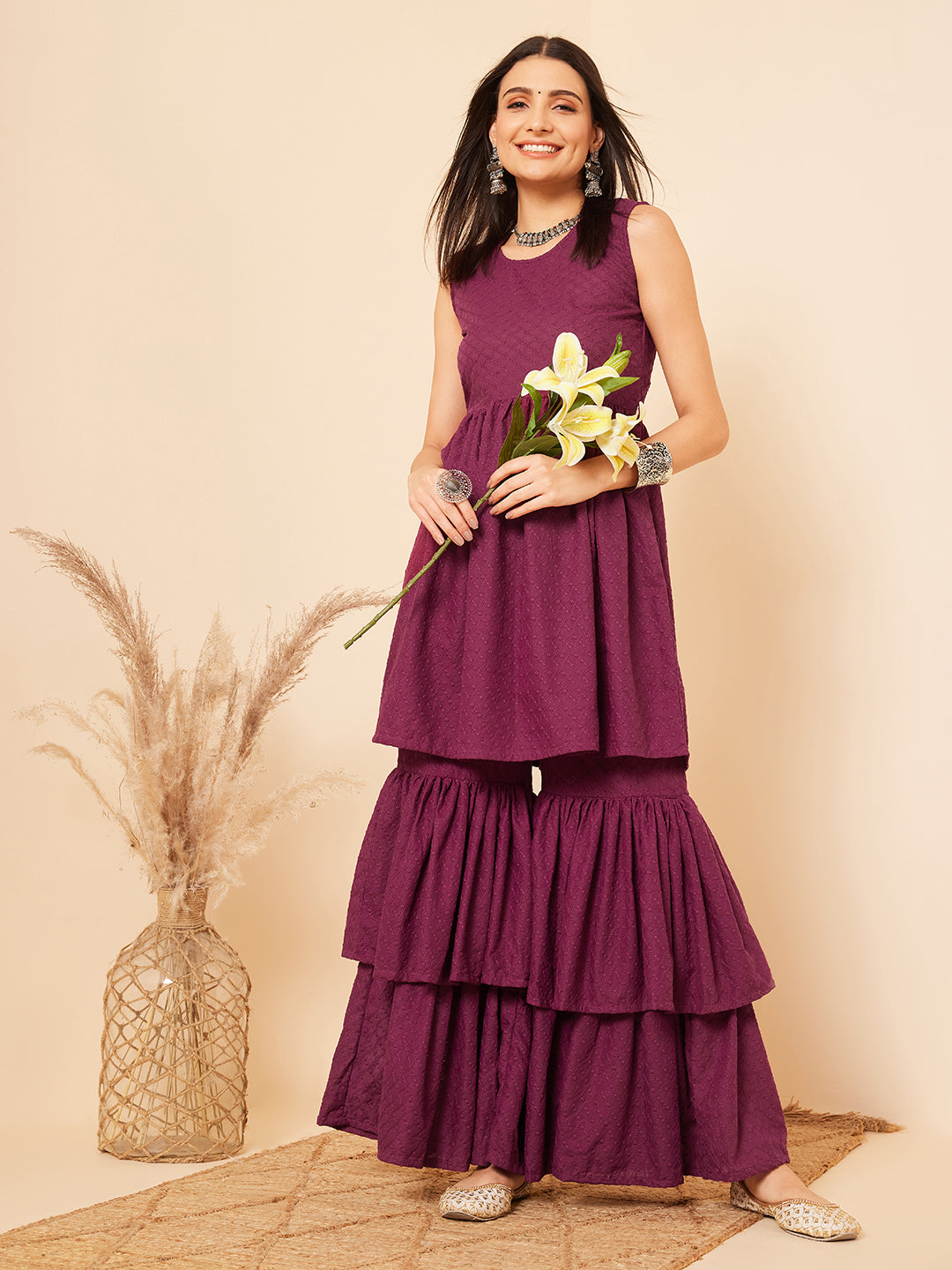 InWeave Women's Purple Lace Work Double Layer Sharara Set - Swadesiicart