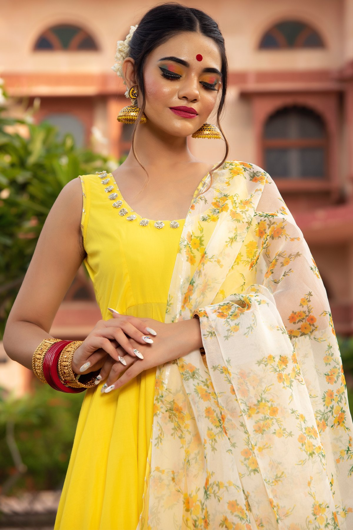 Pomcha Jaipur Yellow Berry Cotton Anarkali Set | Swadesiicart