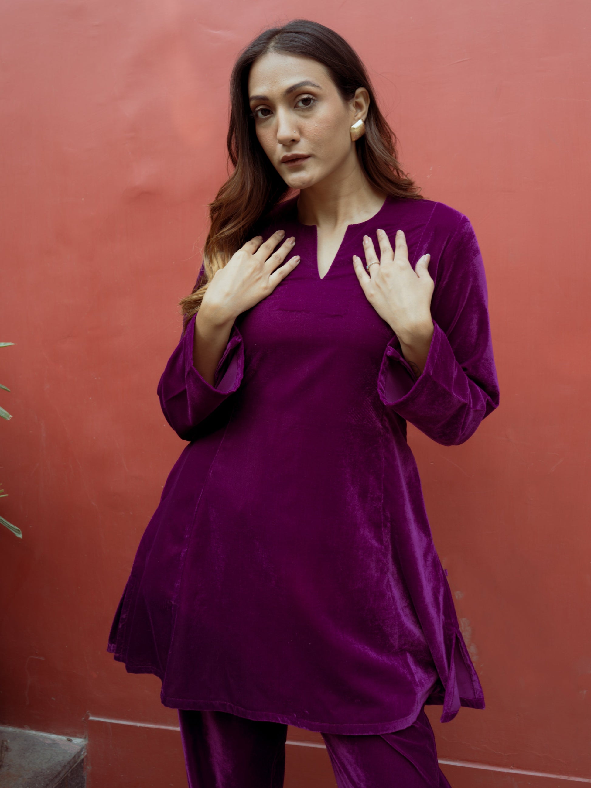 trueBrowns Wine Solid Velvet Co-Ord Set - Swadesiicart