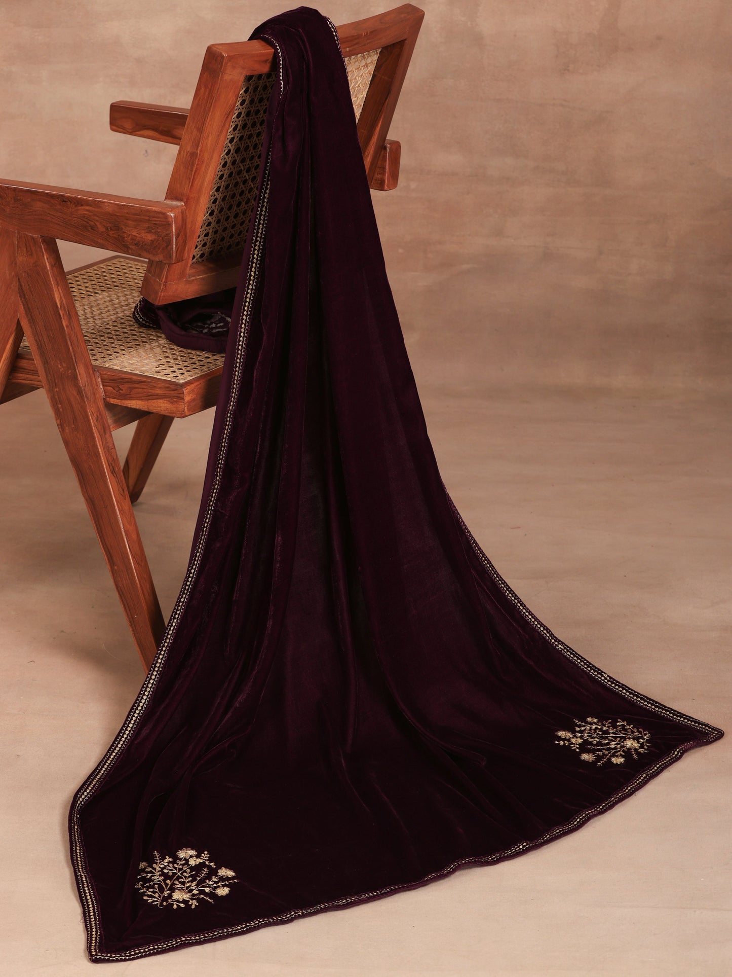 trueBrowns Wine Velvet Embroidered Shawl | Swadesiicart