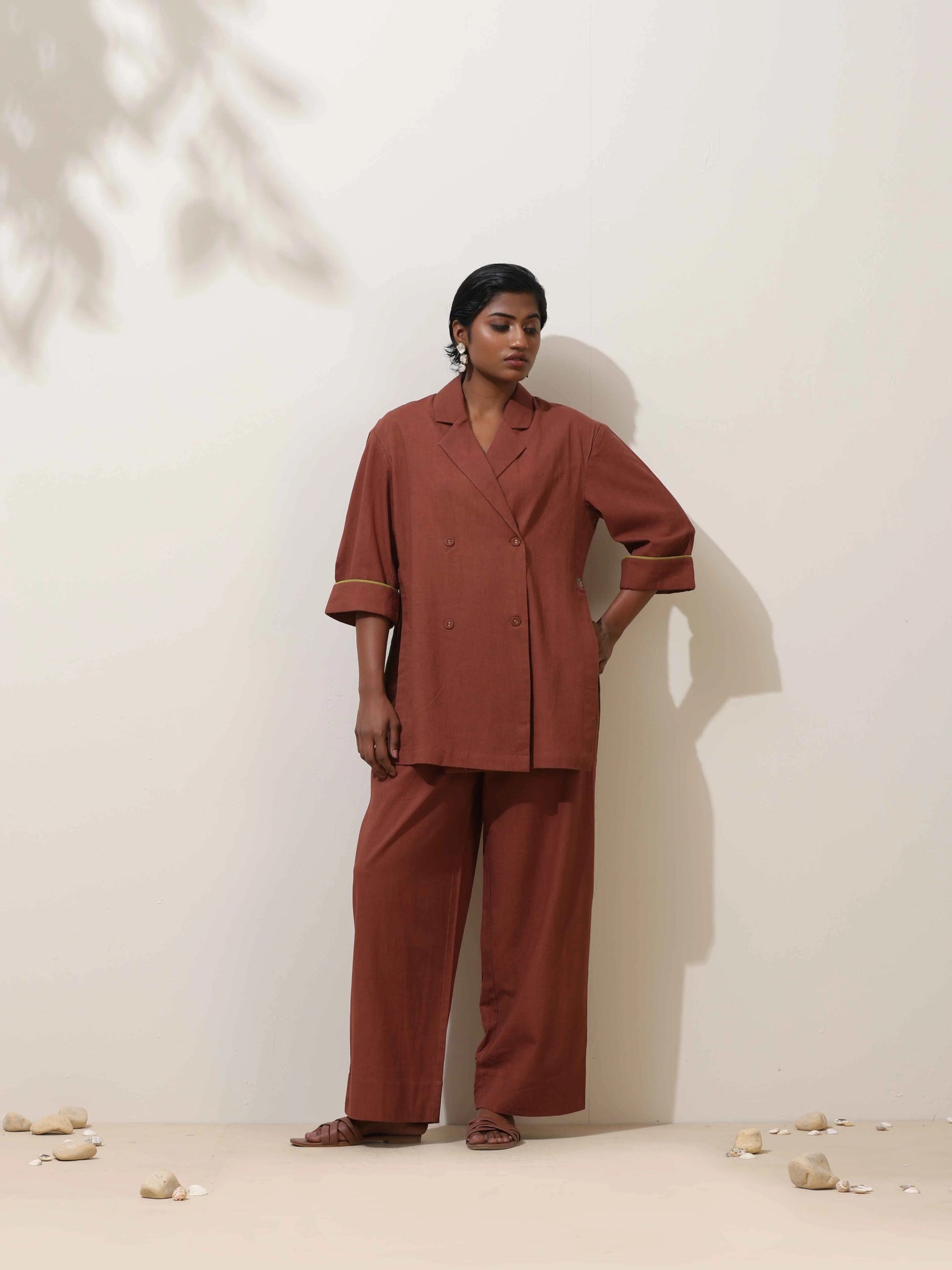 trueBrowns Brown Cotton Linen Co-Ord Set - Swadesiicart