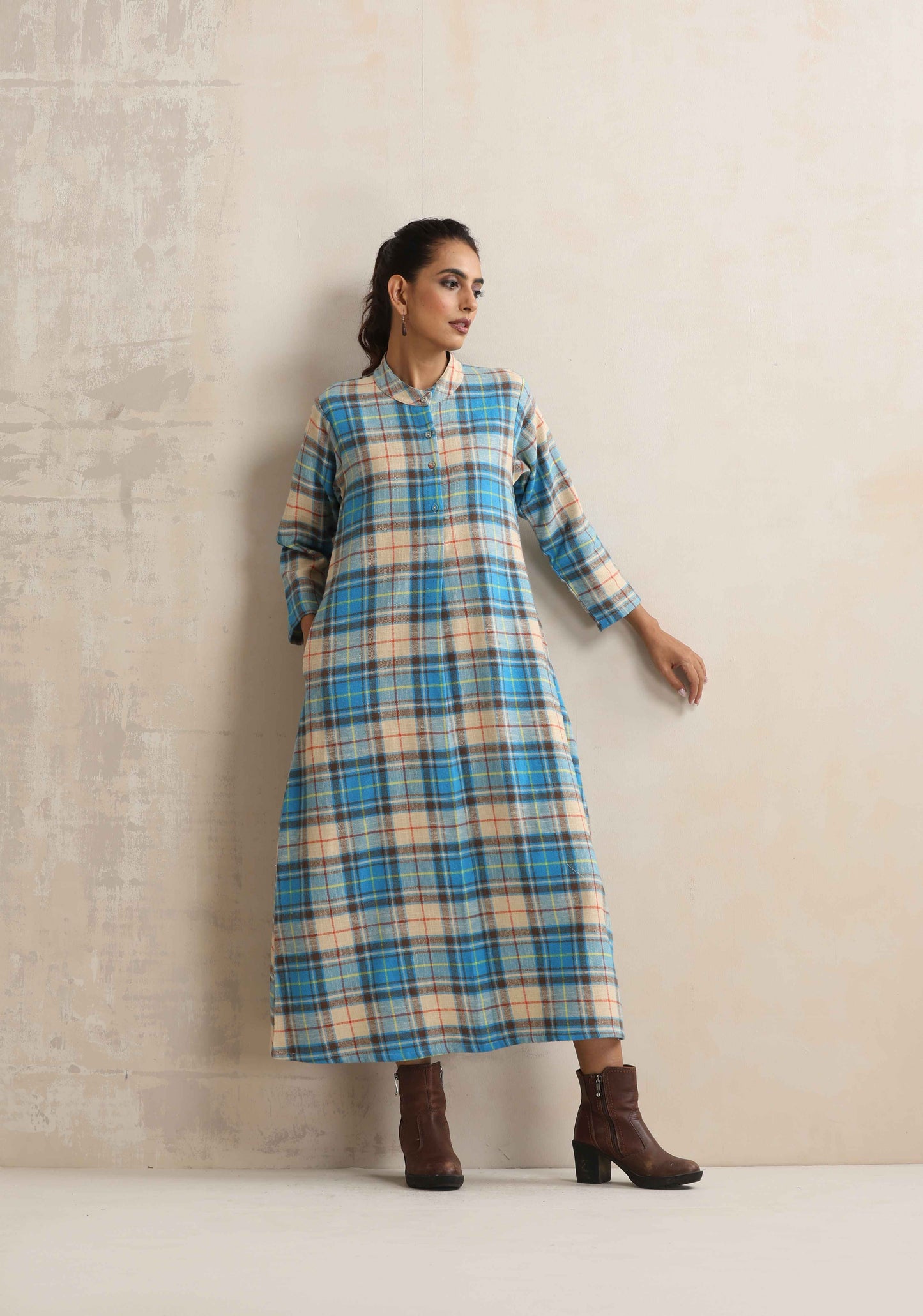 trueBrowns Beige Check Flared Winter Dress | Swadesiicart