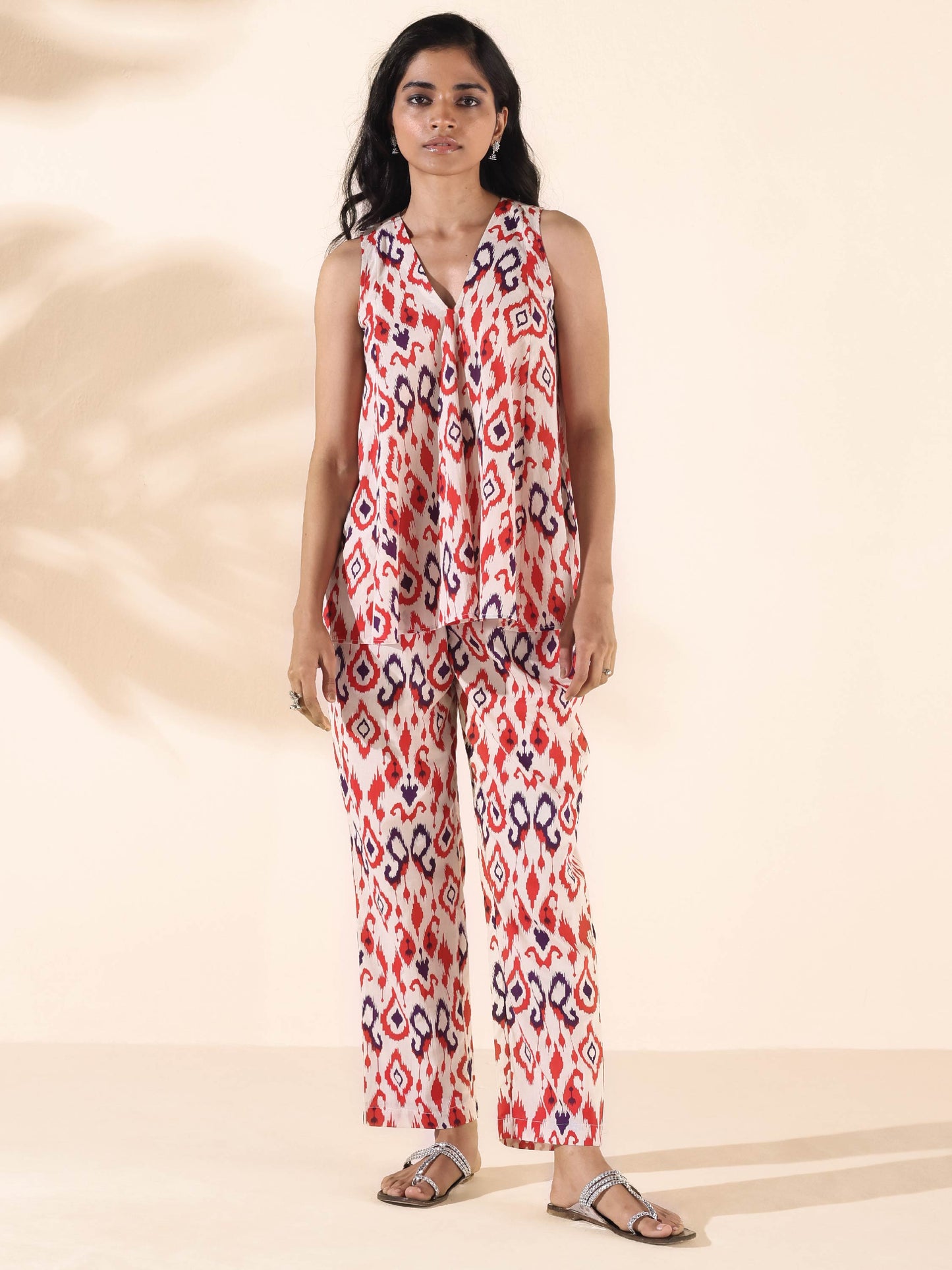 trueBrowns Carrot Cotton Ikat Flared Co-ord Set - Swadesiicart