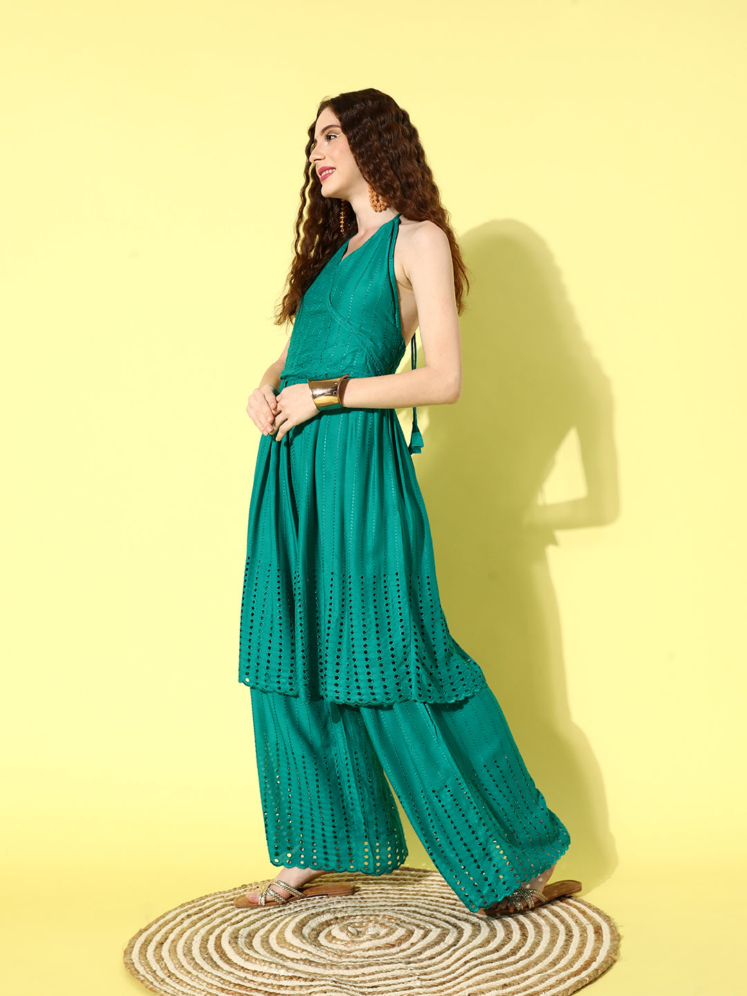 InWeave Women's Teal Lace Work Backless Kurta Sharara Set With Lehariya Dupatta - Swadesiicart