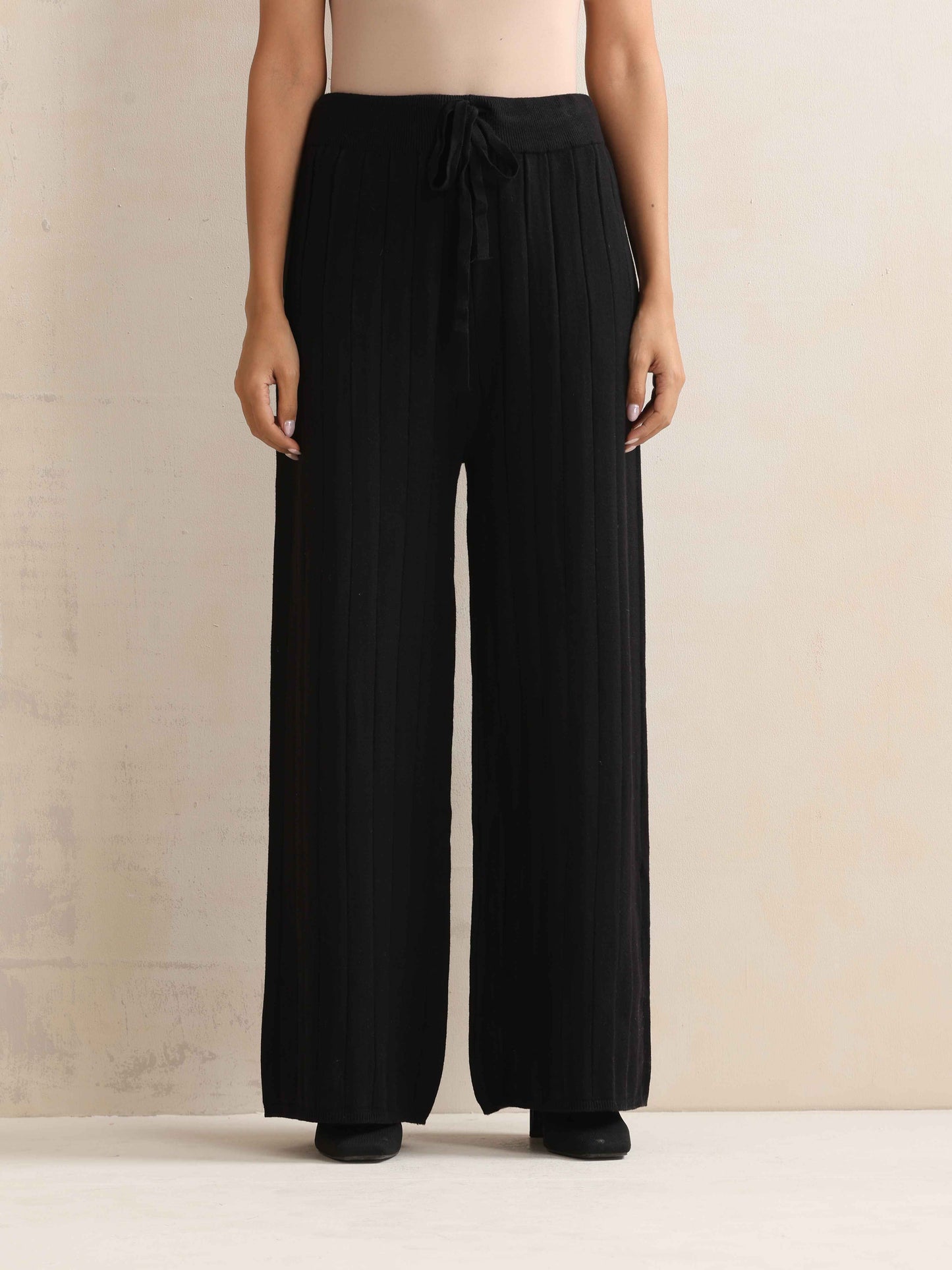 trueBrowns Black Woollen Flared Pants | Swadesiicart