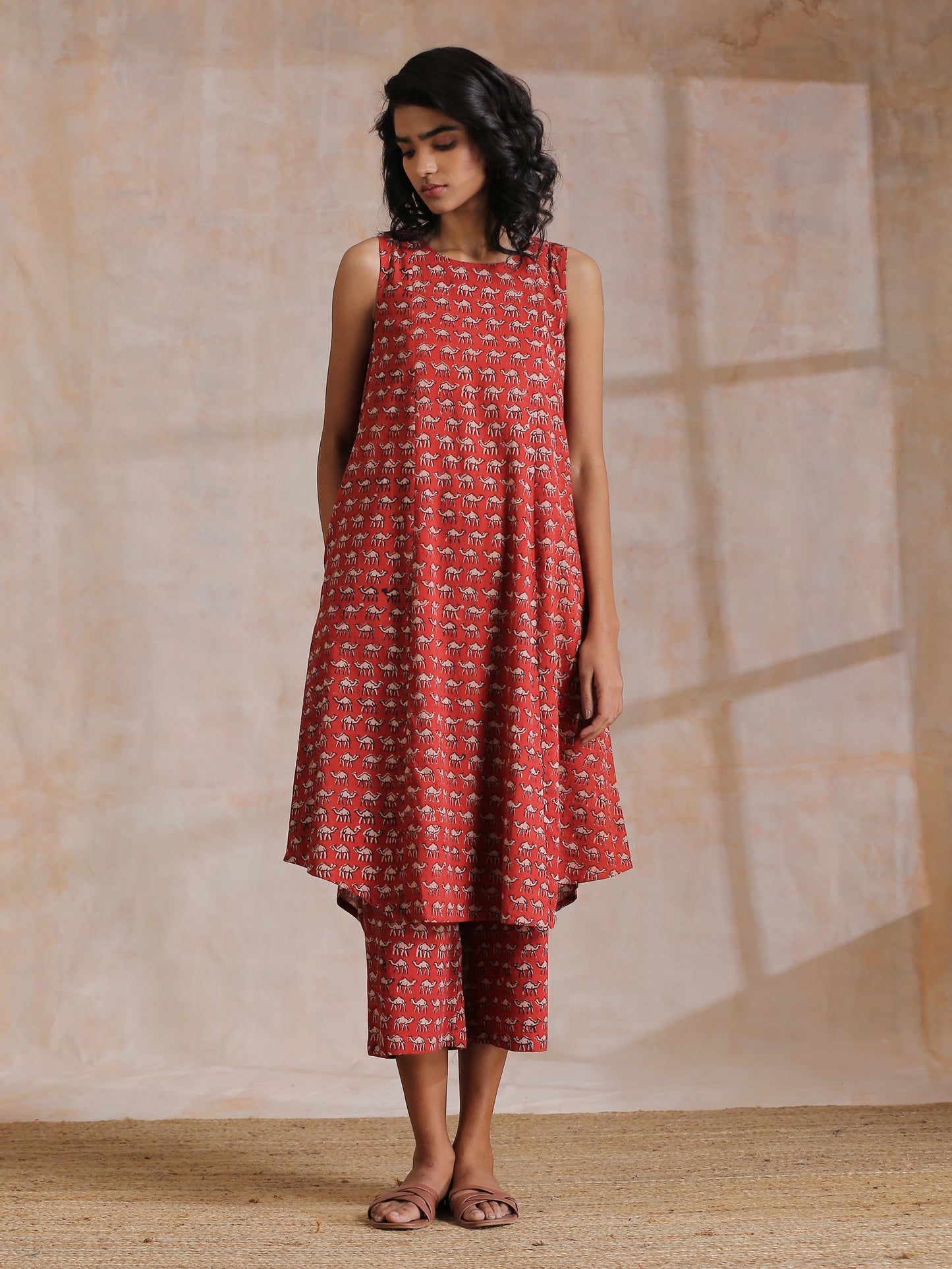 trueBrowns Rust Red Bagru Camel Print Cotton High-Low Co-Ord Set - Swadesiicart