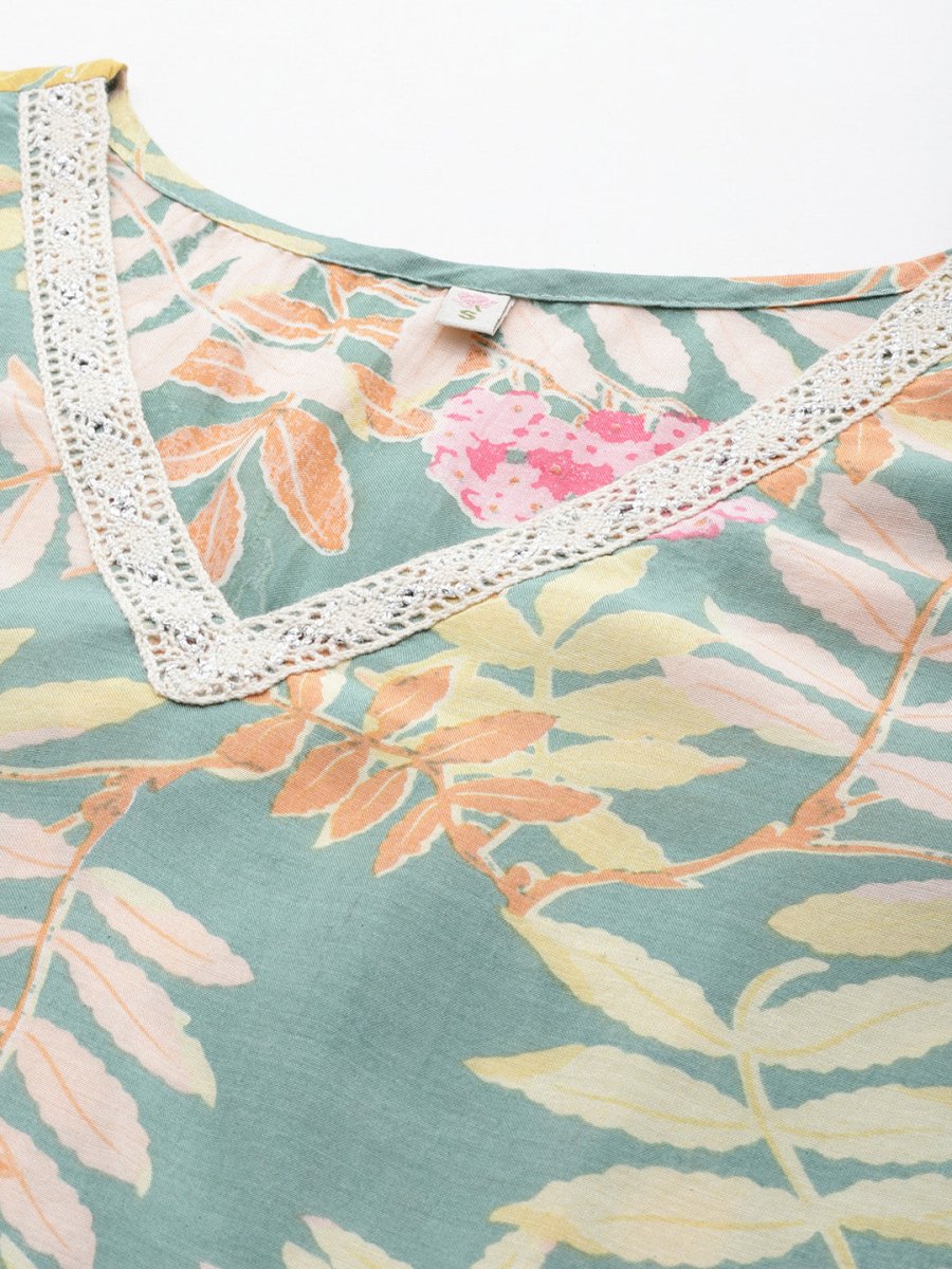 Ahalyaa Floral Printed Tunic with Lace Inserts Detail | Swadesiicart