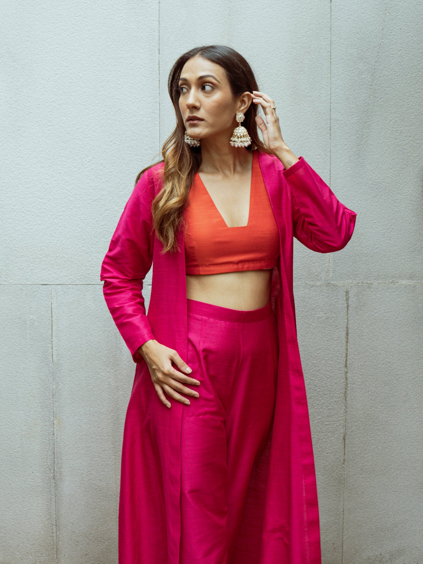 trueBrowns Pink Dupion Silk Overlay Jacket Blouse Pant Set | Swadesiicart