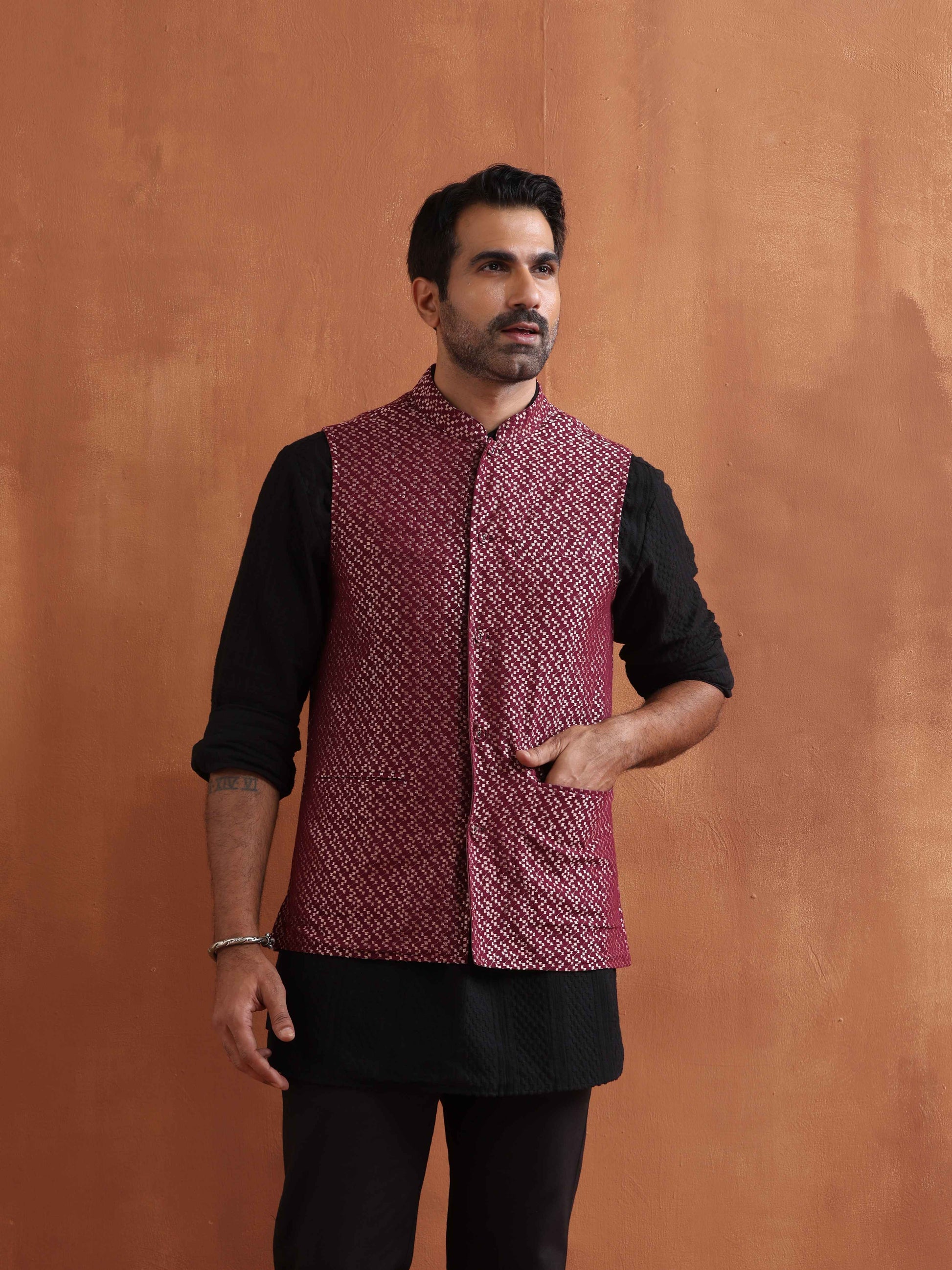 trueBrowns Men's Dark Purple Cotton Dobby Nehru Jacket | Swadesiicart