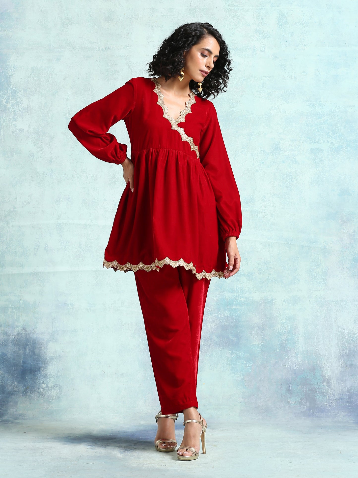 trueBrowns True Red Velvet Lace Co-Ord Set - Swadesiicart