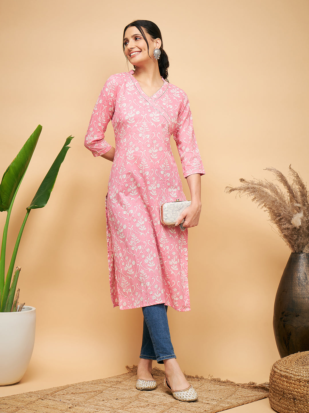 InWeave Women's Light Pink Floral Print Straight Angrakha Gota Kurta - Swadesiicart
