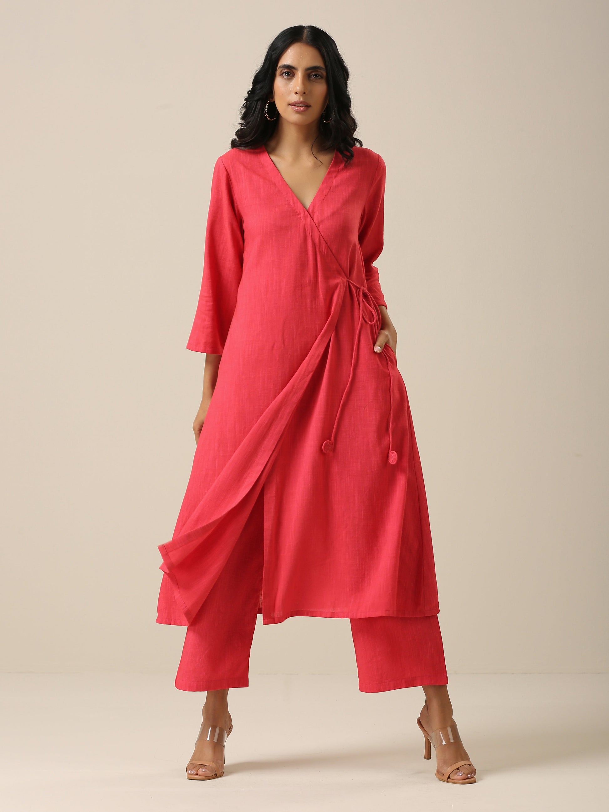 trueBrowns Bright Pink Slub Texture Angrakha Pant Set | Swadesiicart