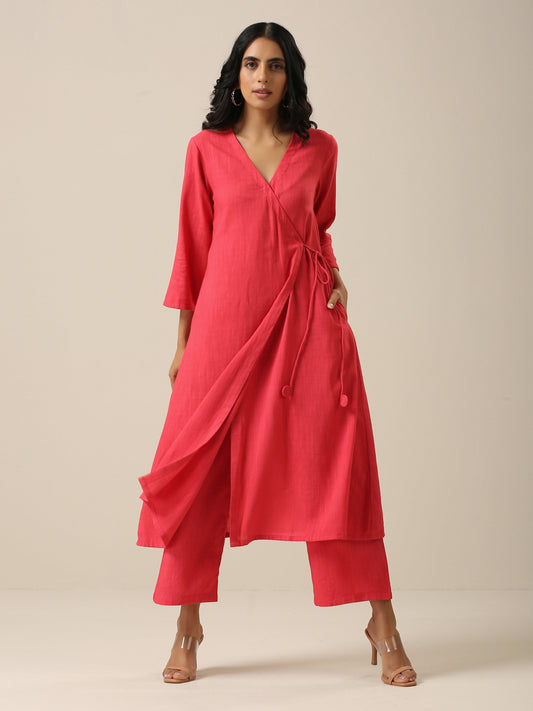 trueBrowns Bright Pink Slub Texture Angrakha Pant Set | Swadesiicart