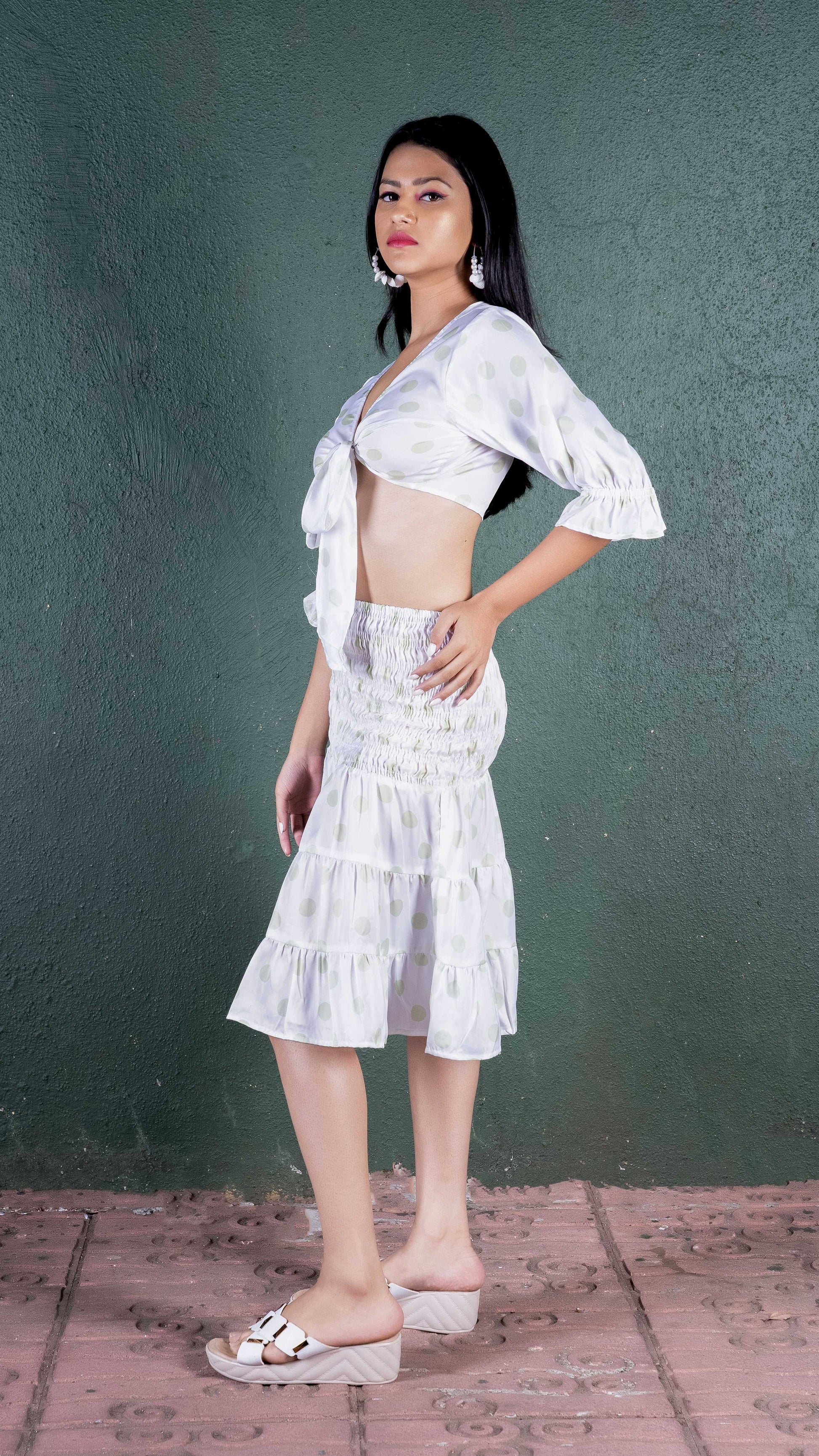 Noroke Sustainable fabric | Bemberg Polka Dot Skirt Co-Ord Set Women - White - Swadesiicart
