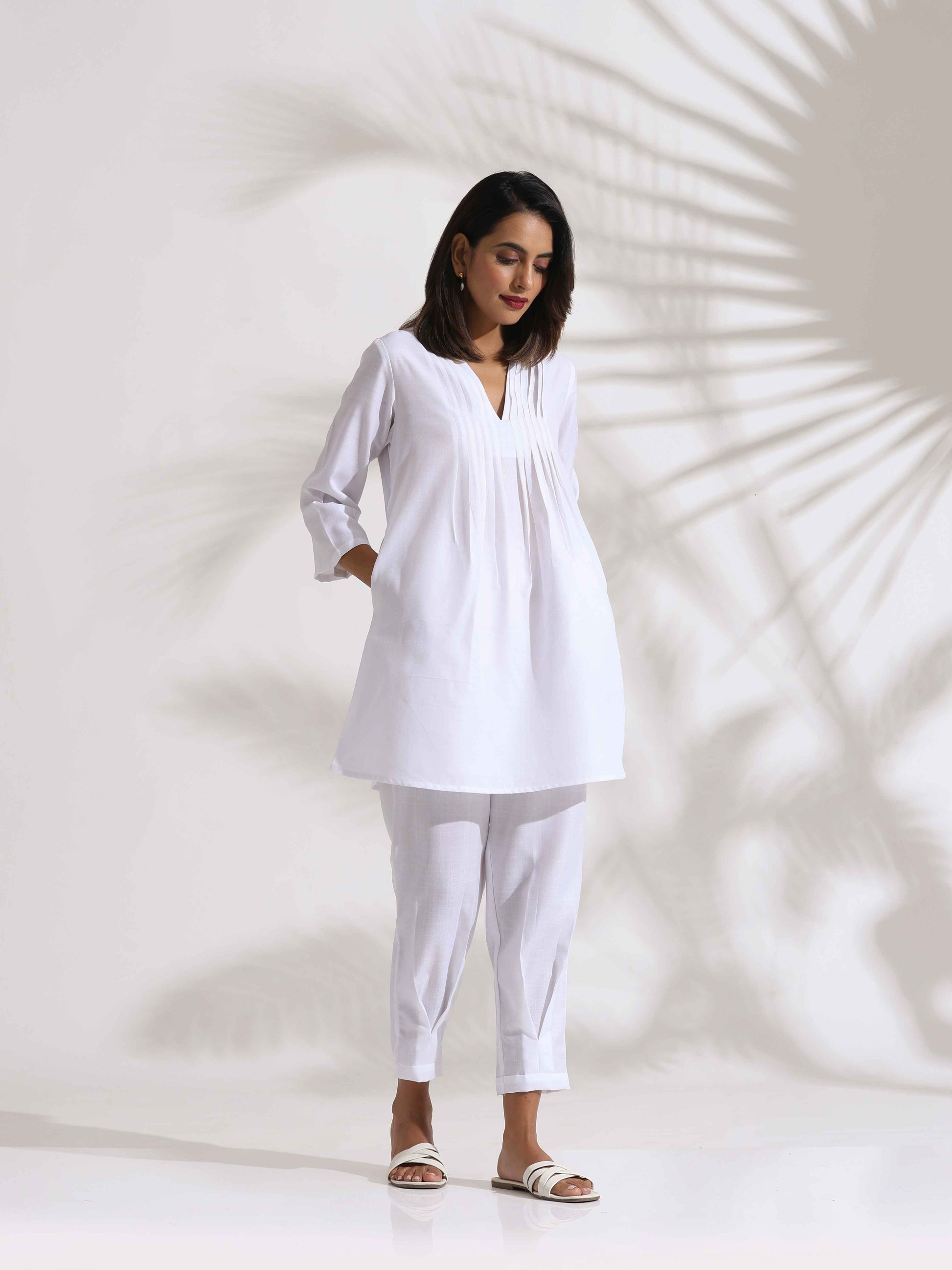 trueBrowns White Slub Co-ord Set - Swadesiicart