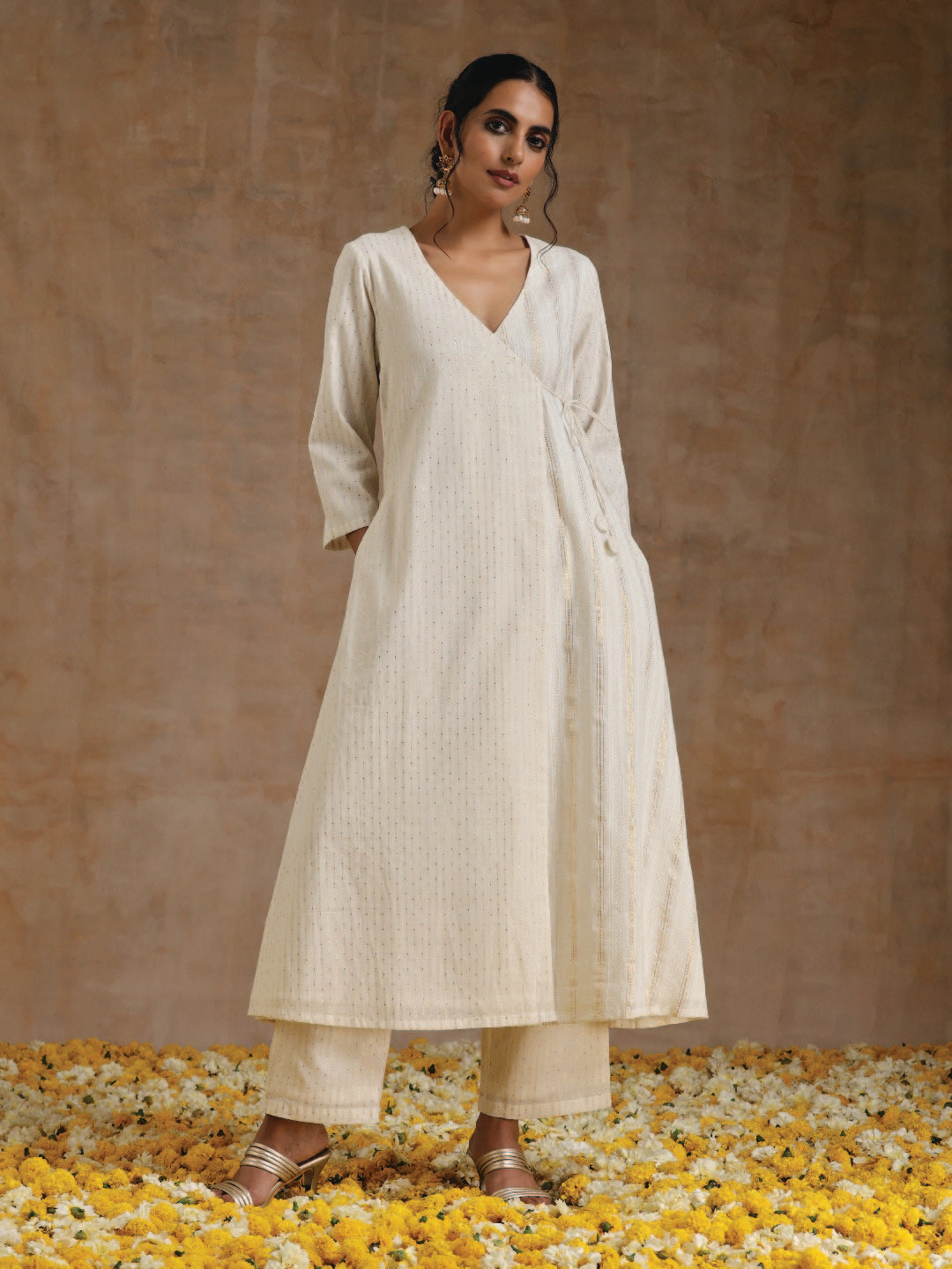 trueBrowns Ivory Gold Cotton Angrakha Kurta Set | Swadesiicart