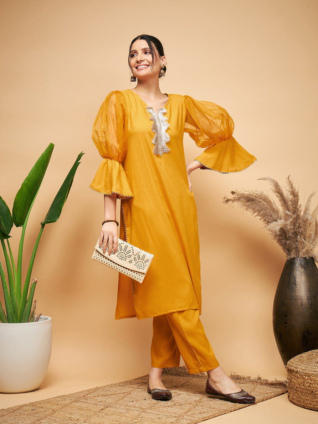 InWeave Women's Mustard Organza Sleeve Kurta Set - Swadesiicart