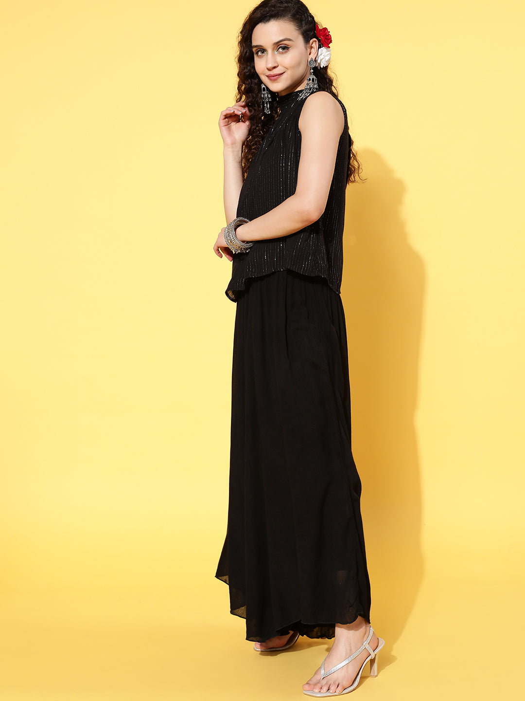 InWeave Women's Black Lurex Top With Flared Pallazo - Swadesiicart