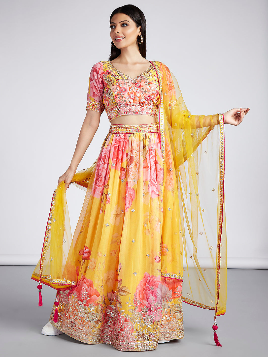 House of Panchhi Yellow Colour Organza Floral Design Digital Print Lehenga Choli & Dupatta | Swadesiicart