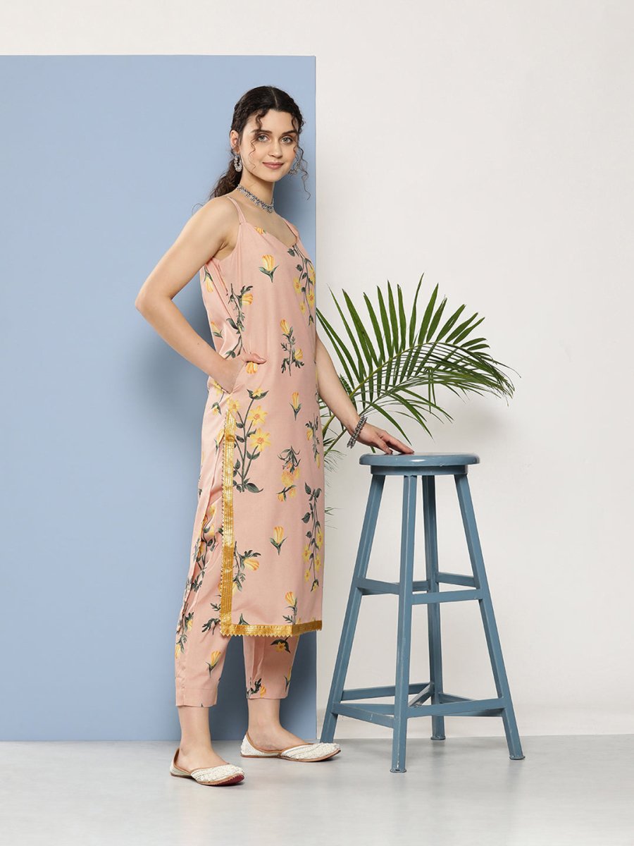Ahalyaa Women Nude-Coloured Floral Printed Gotta Patti Kurta with Trousers & With Dupatta | Swadesiicart