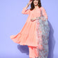 InWeave Women's Peach Flared Kurta Set With Off White Folral Organza Dupatta - Swadesiicart