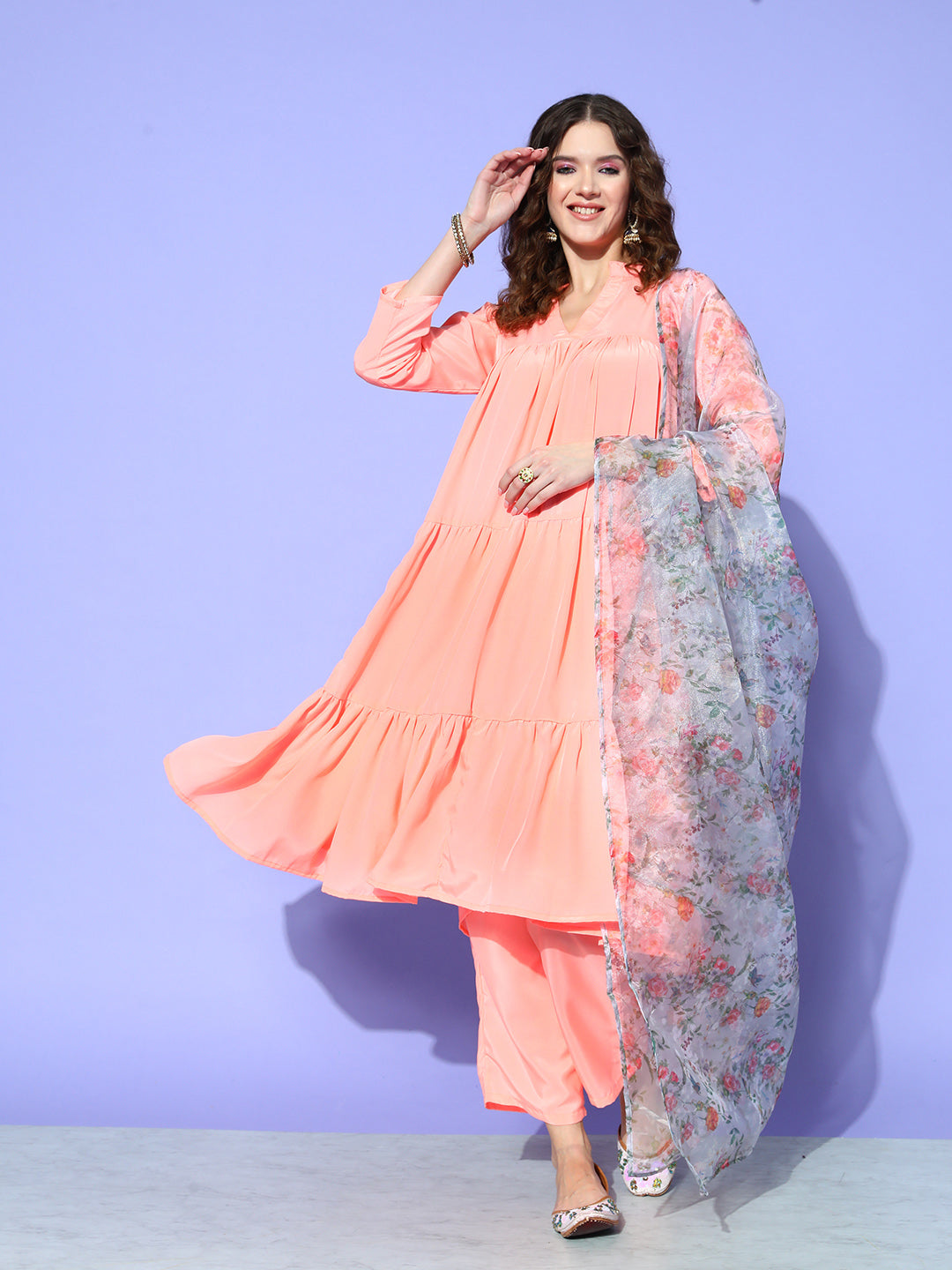 InWeave Women's Peach Flared Kurta Set With Off White Folral Organza Dupatta - Swadesiicart