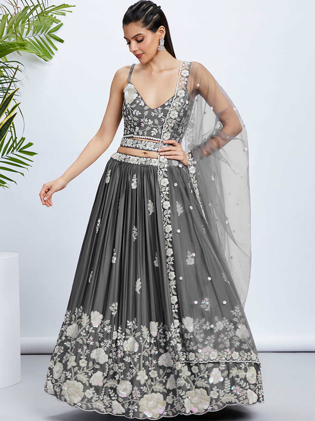 House of Panchhi Navy Blue Georgette Sequins, Mirror And Thread Embroidery Lehenga Choli & Dupatta | Swadesiicart