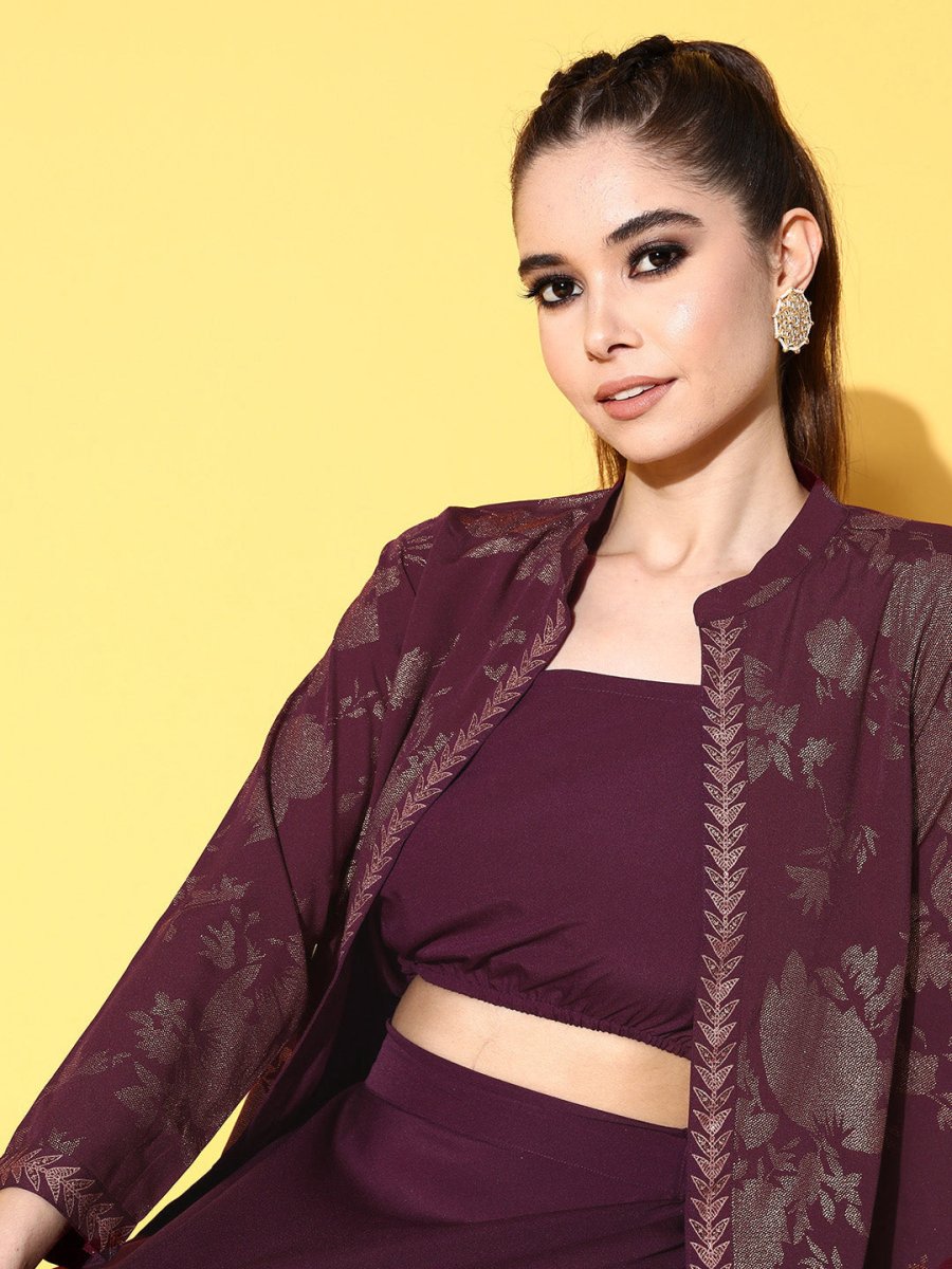 Ahalyaa Women Burgundy Top With Skirt & With Jacket | Swadesiicart