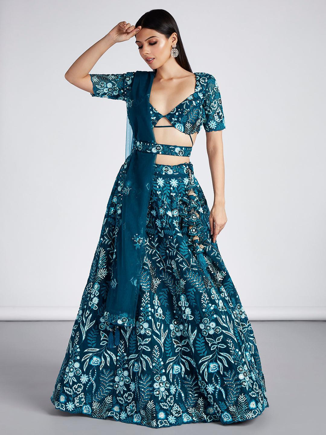 House of Panchhi Teal Net Sequins, Mirror And Thread Embroidery Lehenga Choli & Dupatta | Swadesiicart