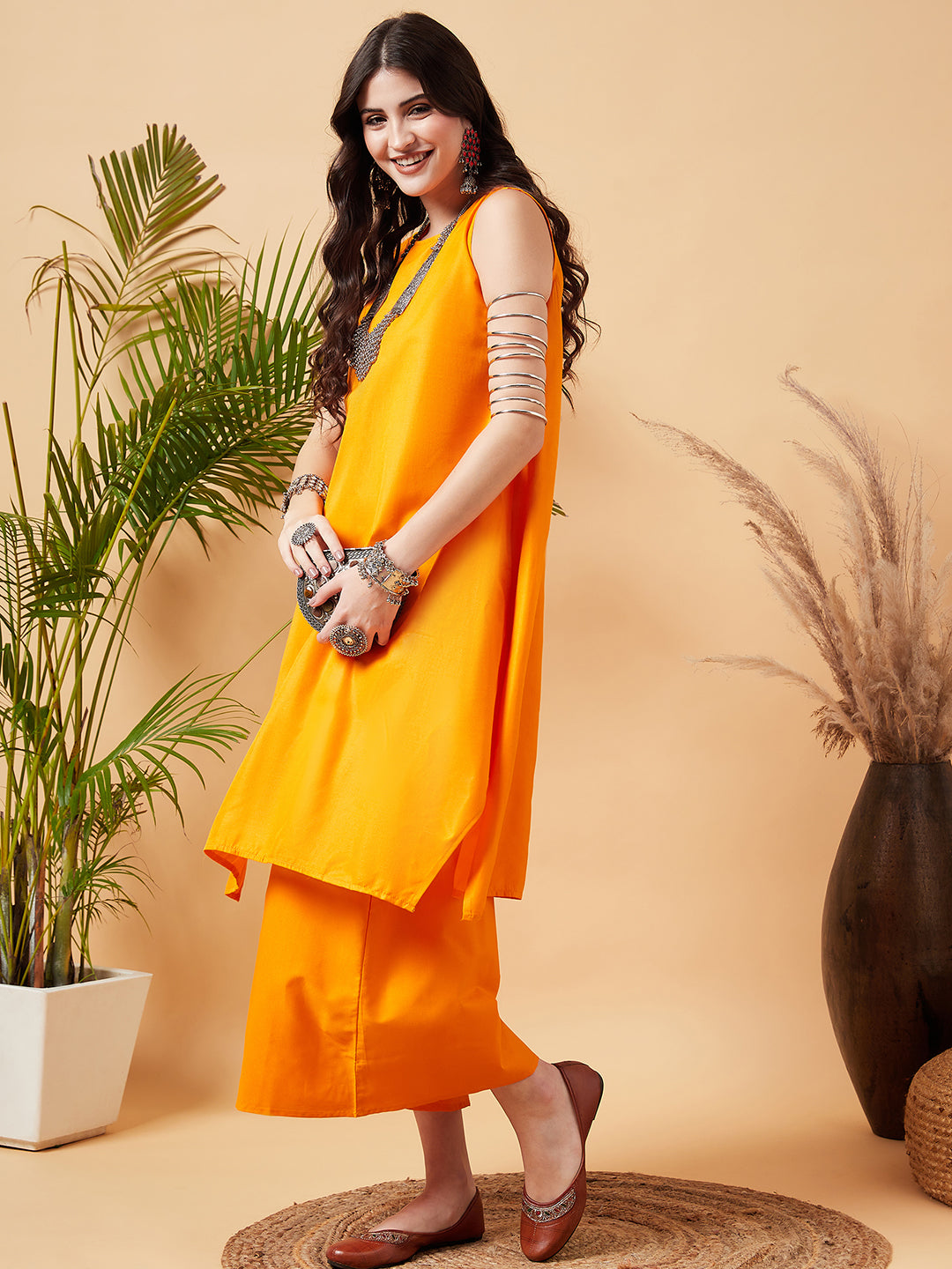 InWeave Women's Tangy Orange Short Kurta Palazzo Set - Swadesiicart