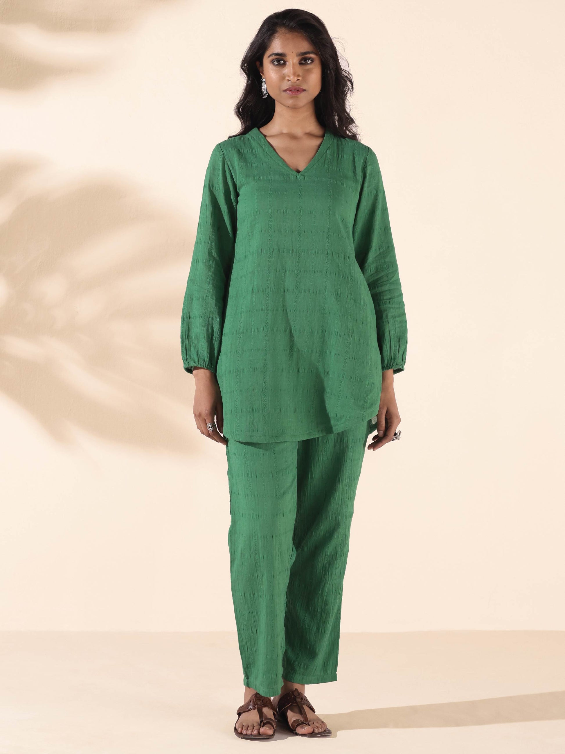 trueBrowns Green Cotton Dobby Relaxed Co-ord Set - Swadesiicart