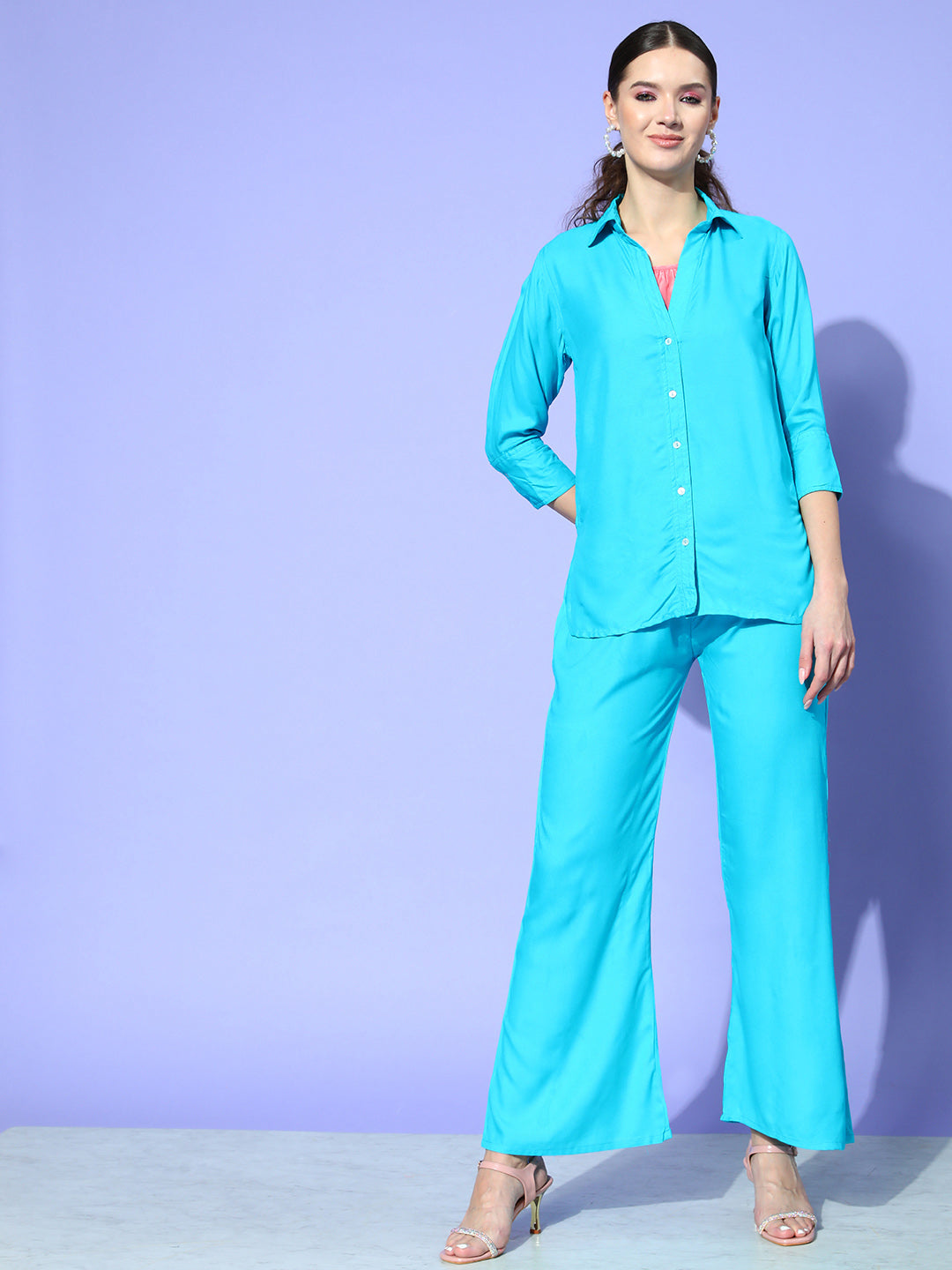 InWeave Women's Aqua Blue Coord Set With Solid Peach Crop Top - Swadesiicart
