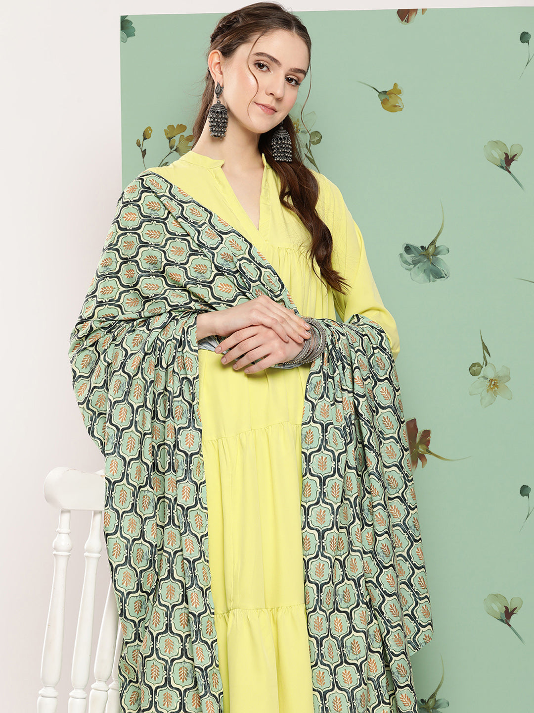 InWeave Women's Lime Green Flared Kurta Set W Green Print Cr Dupatta - Swadesiicart